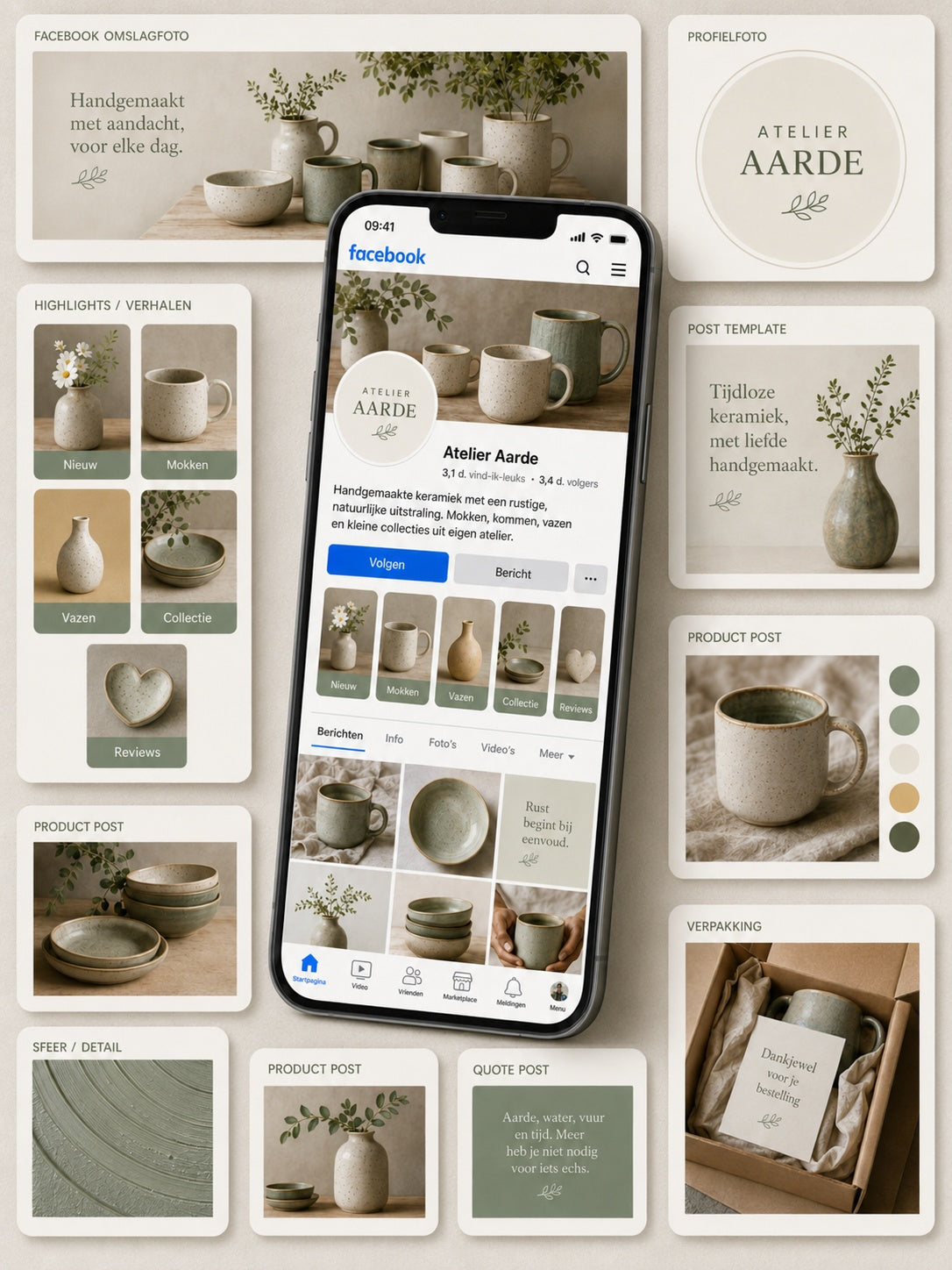 Modern Sage Facebook branding overzicht van De Look Online met mobiele Facebook pagina, omslagfoto, profielfoto, highlights, verhalen en post templates voor consistente online zichtbaarheid.