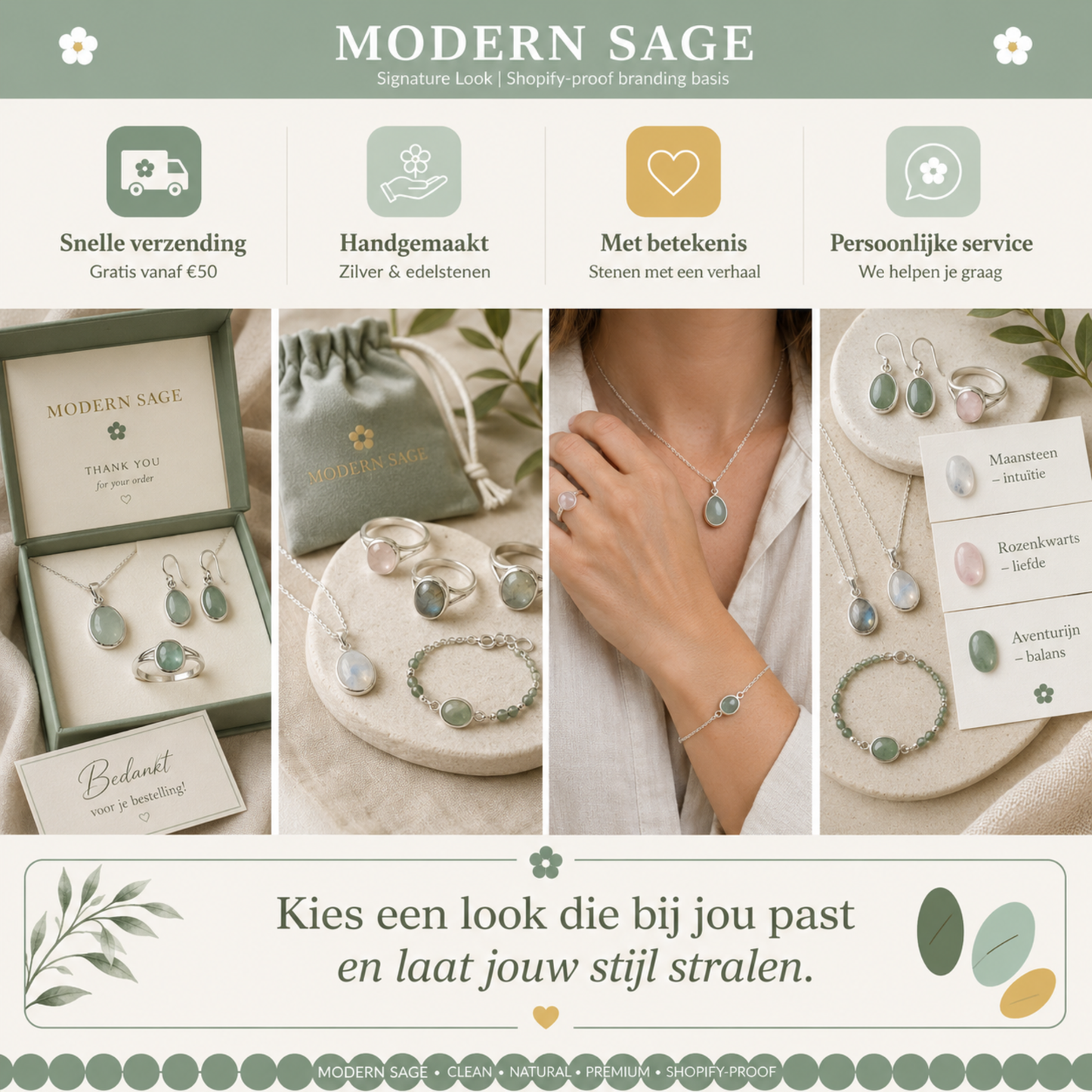 Voorbeeld van de Modern Sage signature look van De Look Online, een rustige en professionele kleurbranding upgrade waarmee jouw webshop of website een herkenbare, verzorgde en stijlvolle uitstraling krijgt.