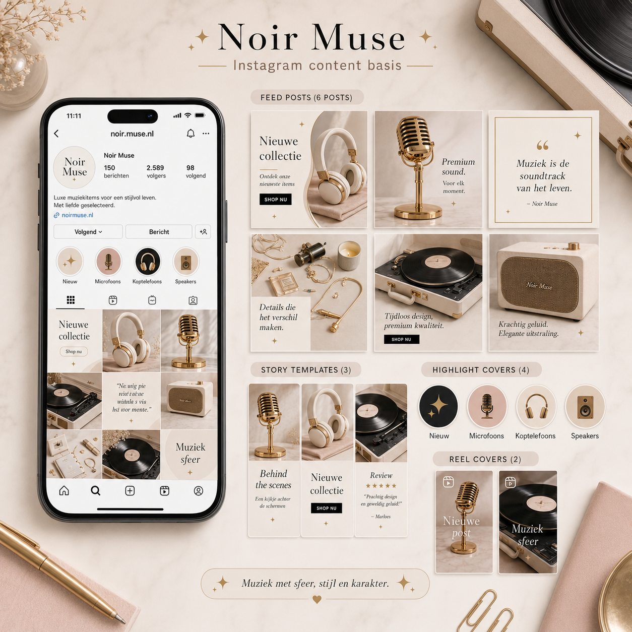 Noir Muse Instagram content basis van De Look Online met feed posts, story templates, reel covers en highlight covers voor ondernemers die een luxe, rustige en high-end Instagram uitstraling willen.