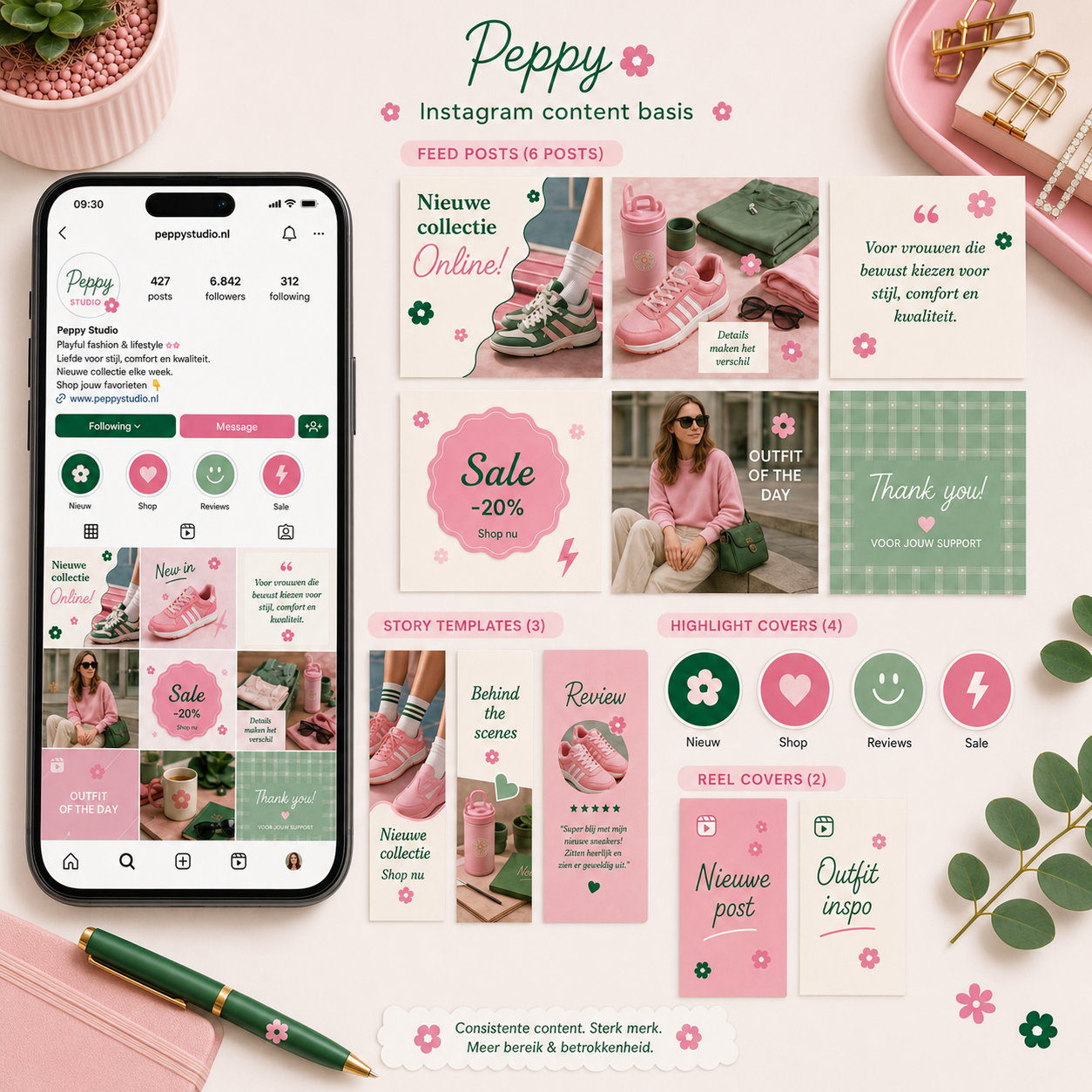 Peppy Instagram content basis van De Look Online met feed posts, story templates, reel covers en highlight covers voor ondernemers die hun Instagram uitstraling consistenter en opvallender willen maken.