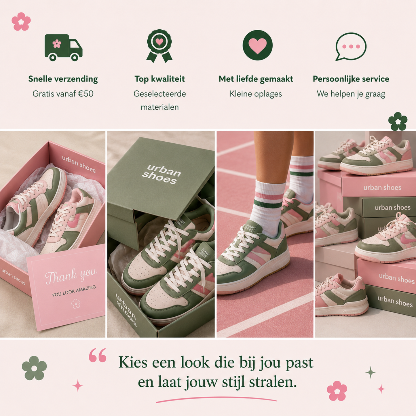 Peppy webshop look van De Look Online met roze en groene urban shoes productfoto’s, service iconen en vrouwelijke branding stijl.
