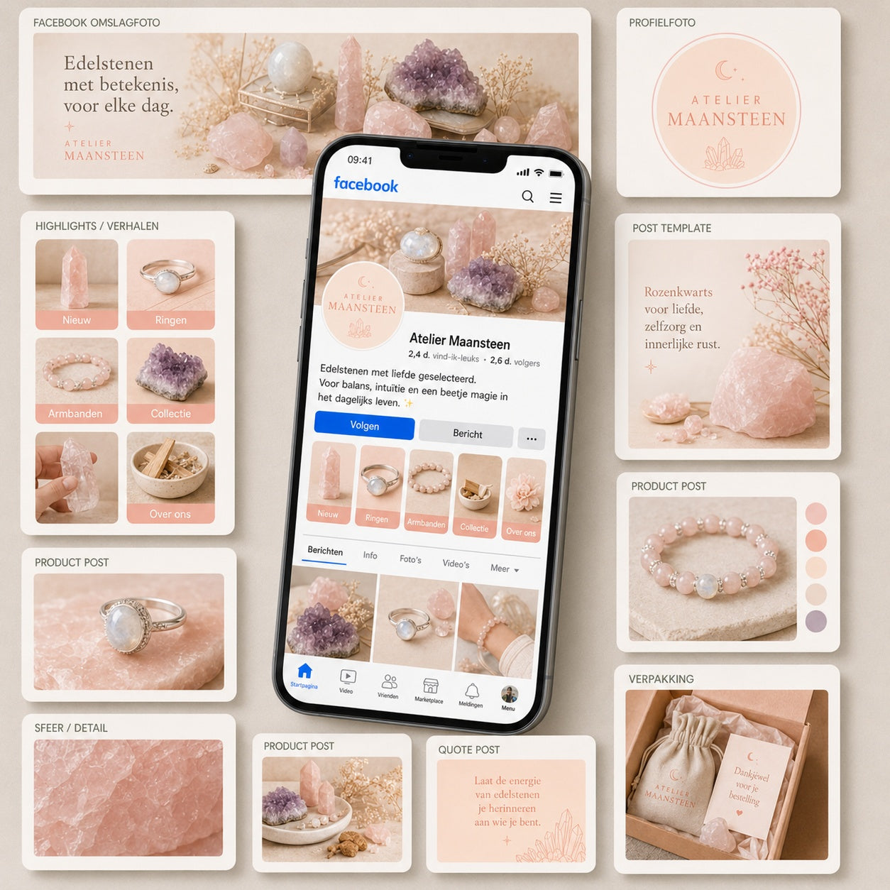 Soft Coral Facebook branding overzicht van De Look Online met mobiele Facebook pagina, omslagfoto, profielfoto, highlights, verhalen en post templates voor een warme en consistente online uitstraling.