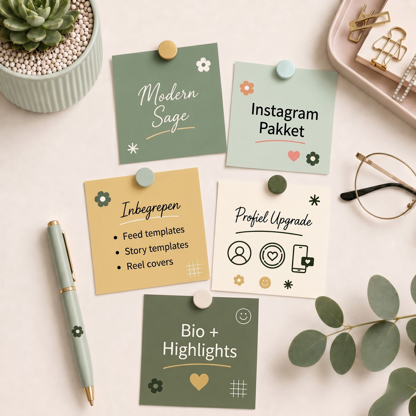 Bovenaanzicht van een Instagram branding kit met het thema 'Modern Sage' van De Look Online. Het pakket bestaat uit vijf pastelkleurige memoblaadjes die met magneten op een ondergrond zijn bevestigd. Op de blaadjes staan teksten en pictogrammen in de Dutch taal, zoals 'Modern Sage', 'Instagram Pakket', 'Inbegrepen' met bulletpoints voor 
