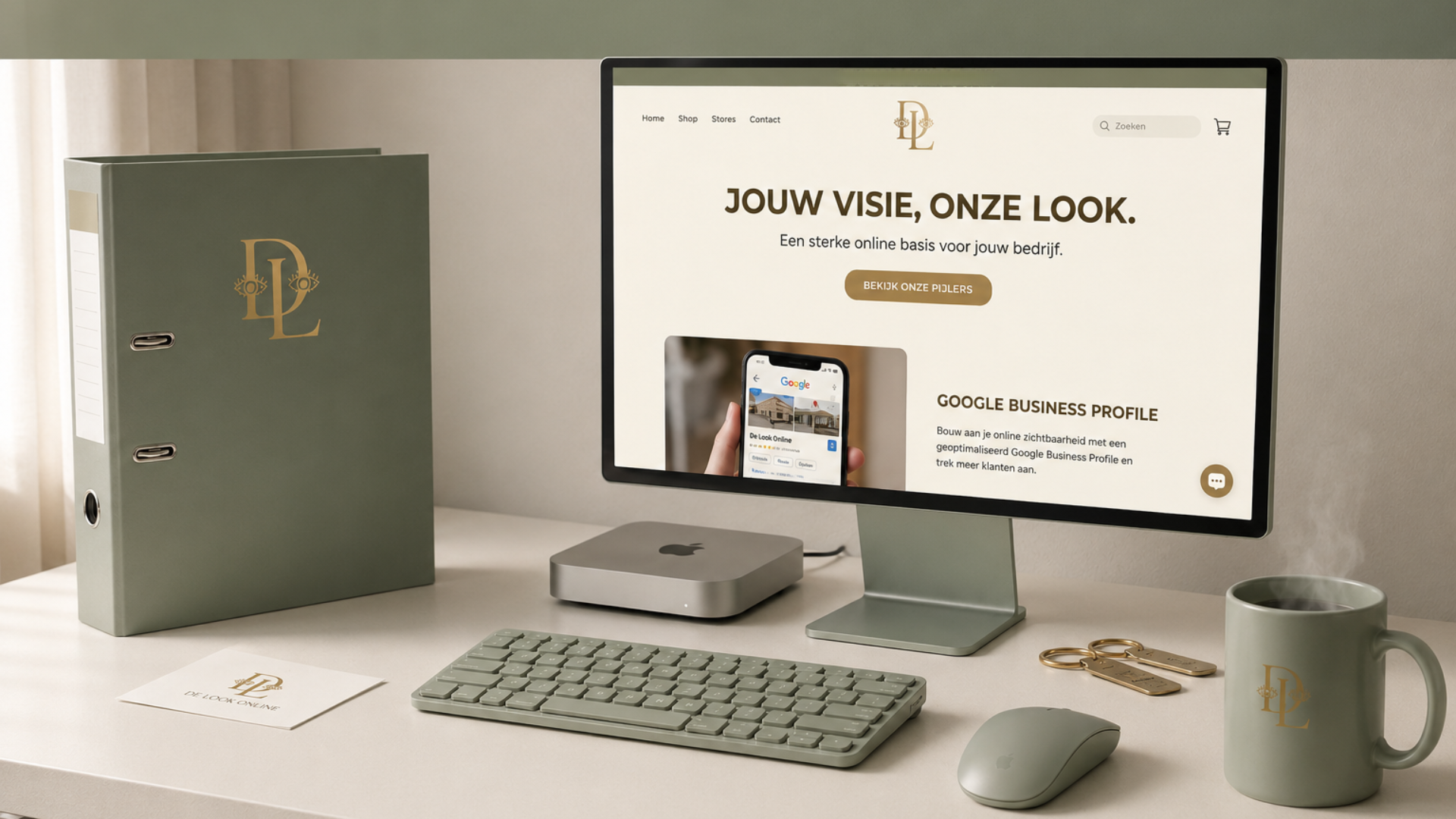 Een professionele digitale werkplek in sage groen met een Shopify dashboard en het goudkleurige De Look Online logo. Dé online etalage voor lokale ondernemers die willen groeien. Met hun eigen persoonlijke look.