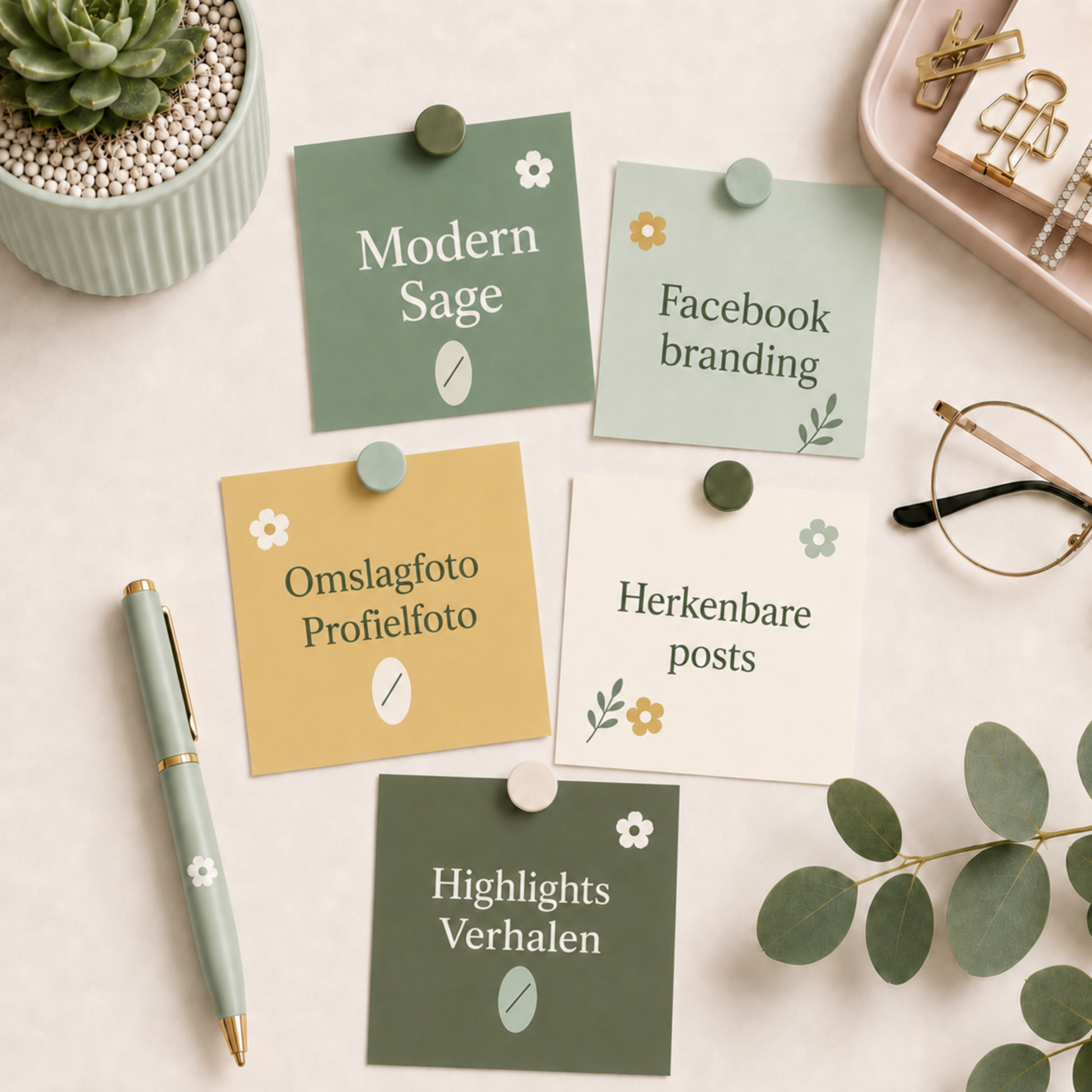 Modern Sage Facebook branding pakket van De Look Online voor lokale ondernemers in Nederland, met visuele brandingkaartjes voor omslagfoto, profielfoto, highlights, verhalen en herkenbare Facebook posts.