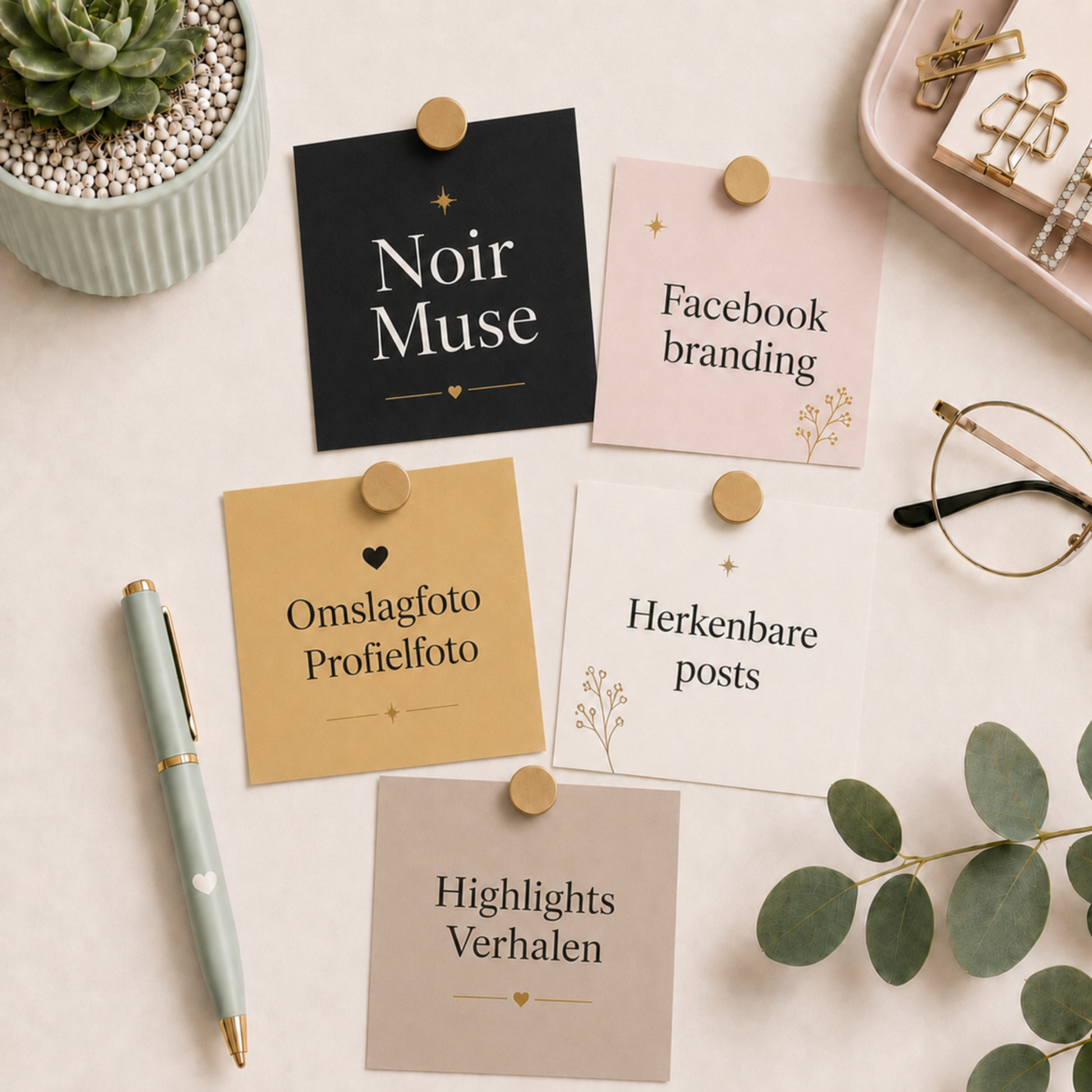 De Look Online Facebook branding pakket in Noir Muse stijl voor zakelijke Facebook pagina’s in Nederland, met visuele branding voor omslagfoto, profielfoto, highlights, verhalen en herkenbare posts.