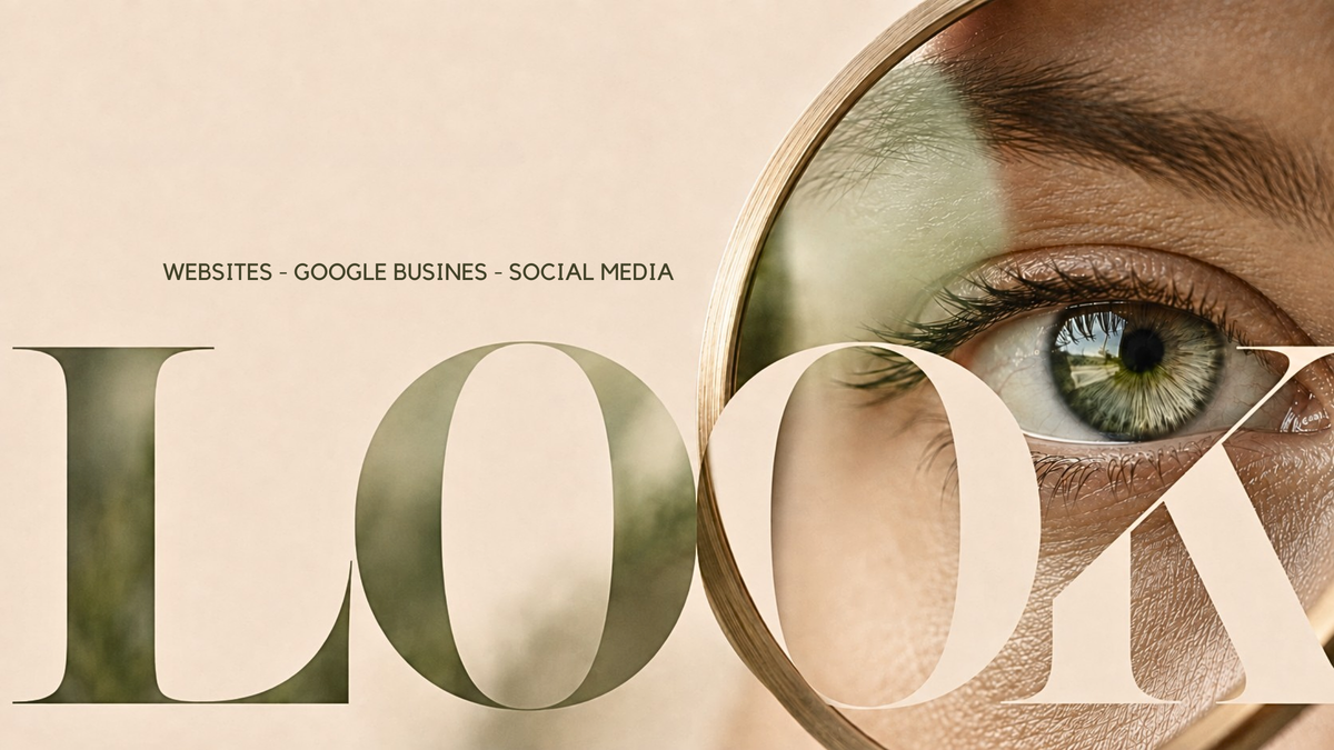 Close-up van een oog achter een goudkleurige lens, verweven met het woord LOOK als symbool voor online zichtbaarheid en strategie.