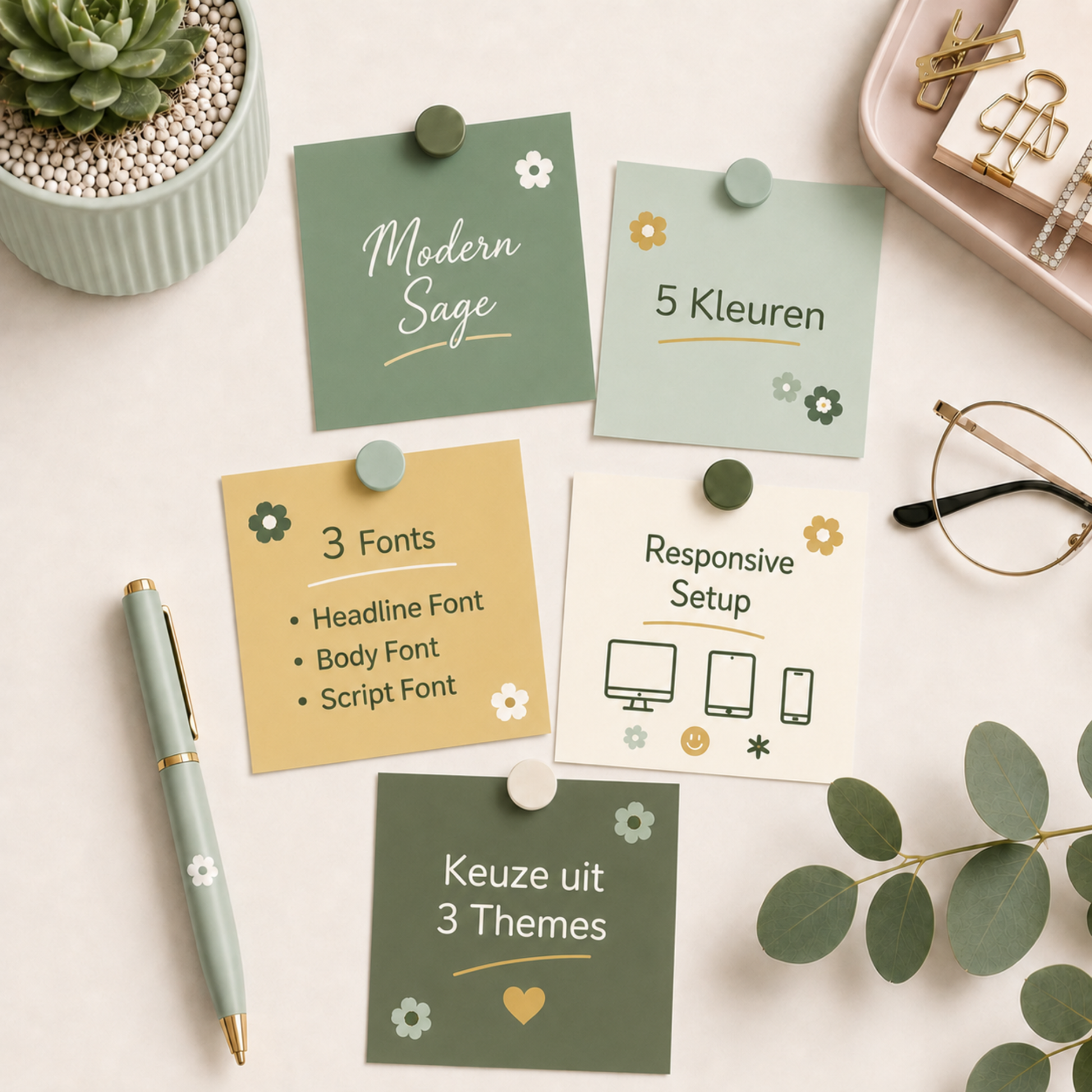 Modern Sage branding pakket van De Look Online voor Shopify webshops in Nederland, met sagegroen kleurenpalet, 3 fonts, responsive setup en keuze uit 3 Shopify themes.