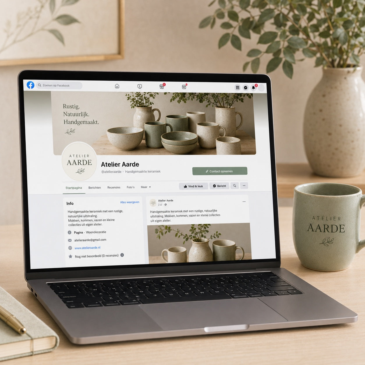  Voorbeeld van een zakelijke Facebook pagina in de Modern Sage Signature Look van De Look Online, met rustige kleuren, professionele omslagfoto en herkenbare visuele branding op desktop.