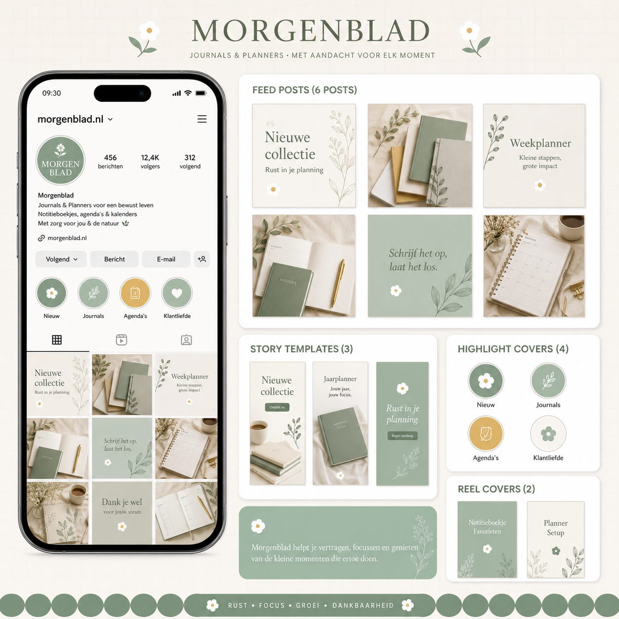 Modern Sage Instagram content basis van De Look Online met feed posts, story templates, reel covers en highlight covers voor een consistente, rustige en professioneel ingerichte Instagram uitstraling.
