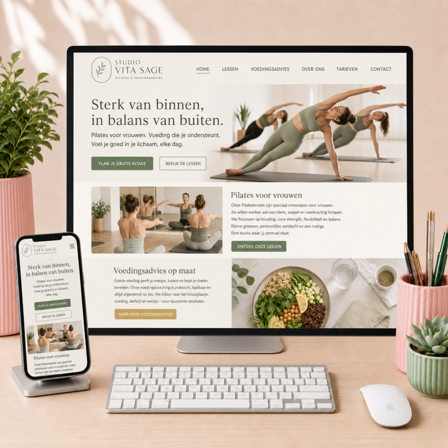 Modern Sage kleurbranding upgrade van De Look Online voor een website of Shopify shop, met rustige sagegroene kleuren, responsive desktop en mobiele weergave voor een vrouwelijke Pilates studio met voedingsadvies.