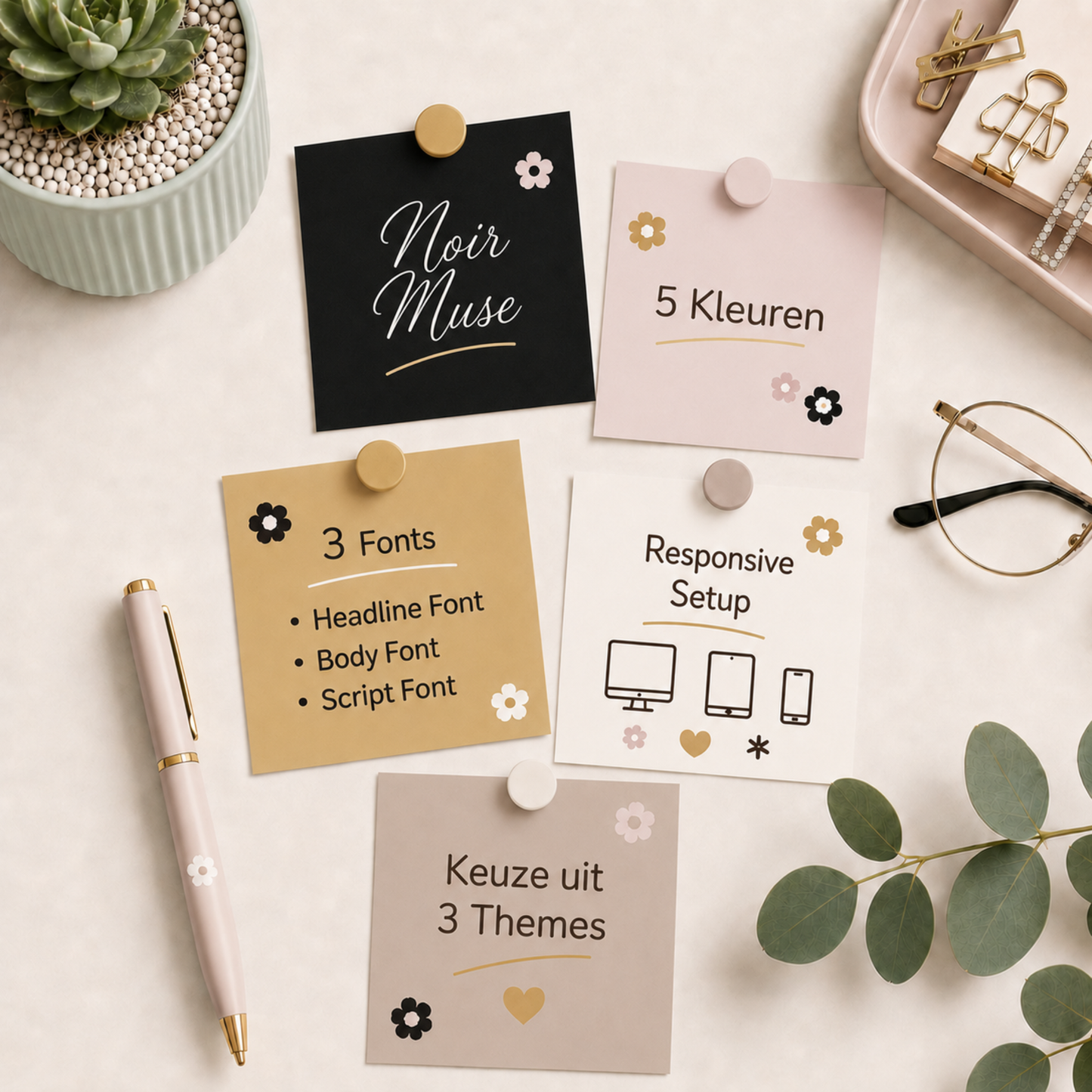 Noir Muse branding pakket van De Look Online voor Shopify webshops in Nederland, met een chic kleurenpalet, 3 fonts, responsive setup en keuze uit 3 Shopify themes.