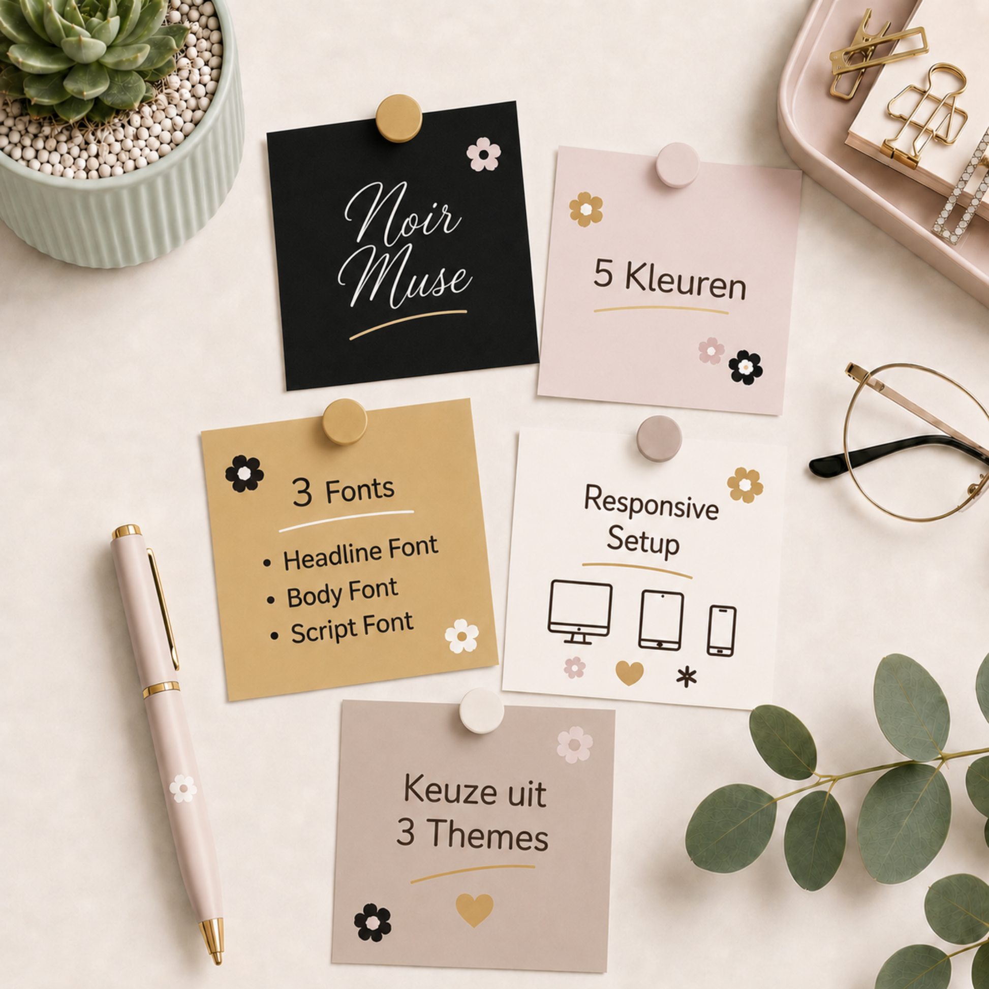 Noir Muse branding pakket van De Look Online voor Shopify webshops in Nederland, met een chic kleurenpalet, 3 fonts, responsive setup en keuze uit 3 Shopify themes.