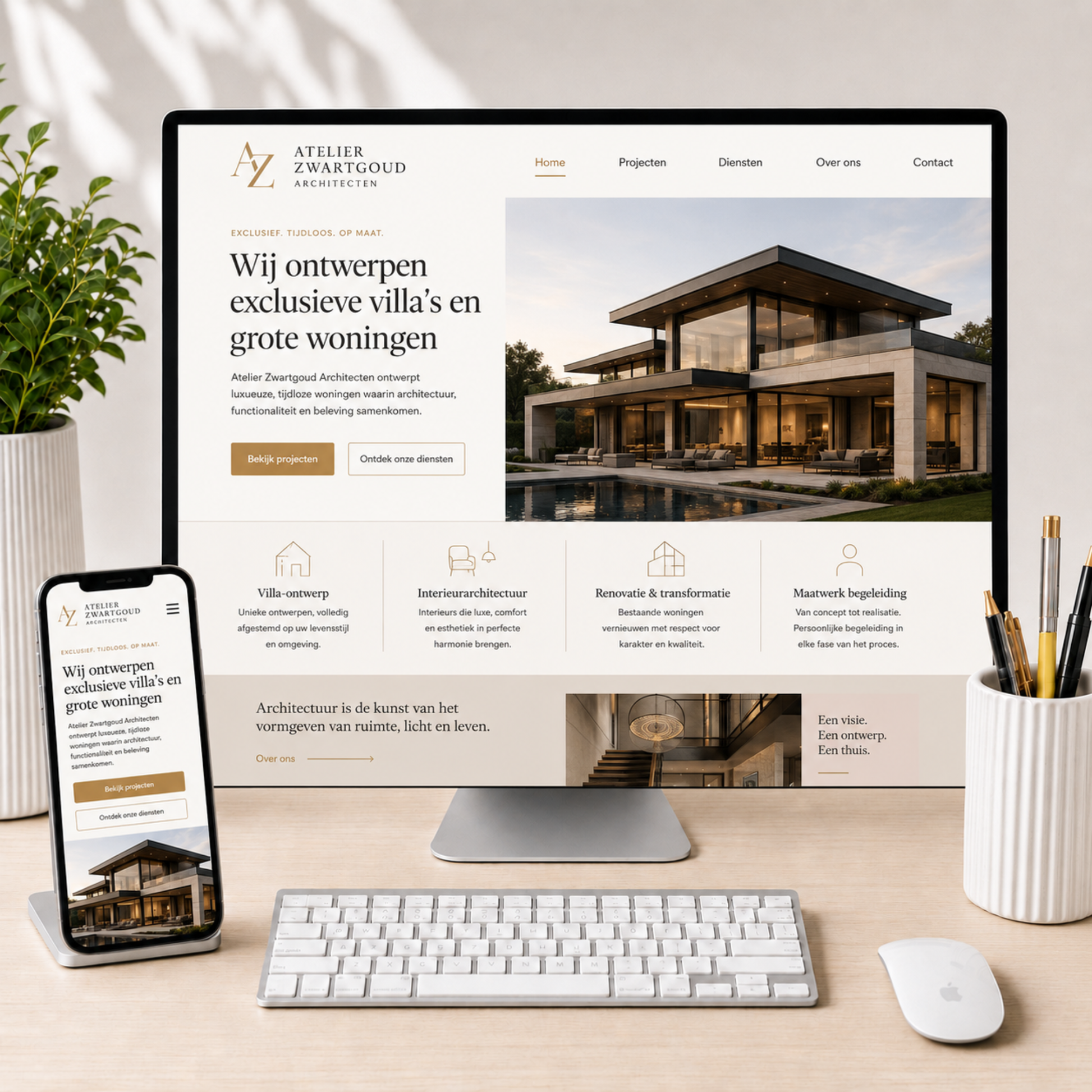 Noir Muse kleurbranding upgrade van De Look Online voor een website of Shopify shop, met luxe zwart, goud en zachte neutrale tinten in een high-end website ontwerp voor een architectenbureau.