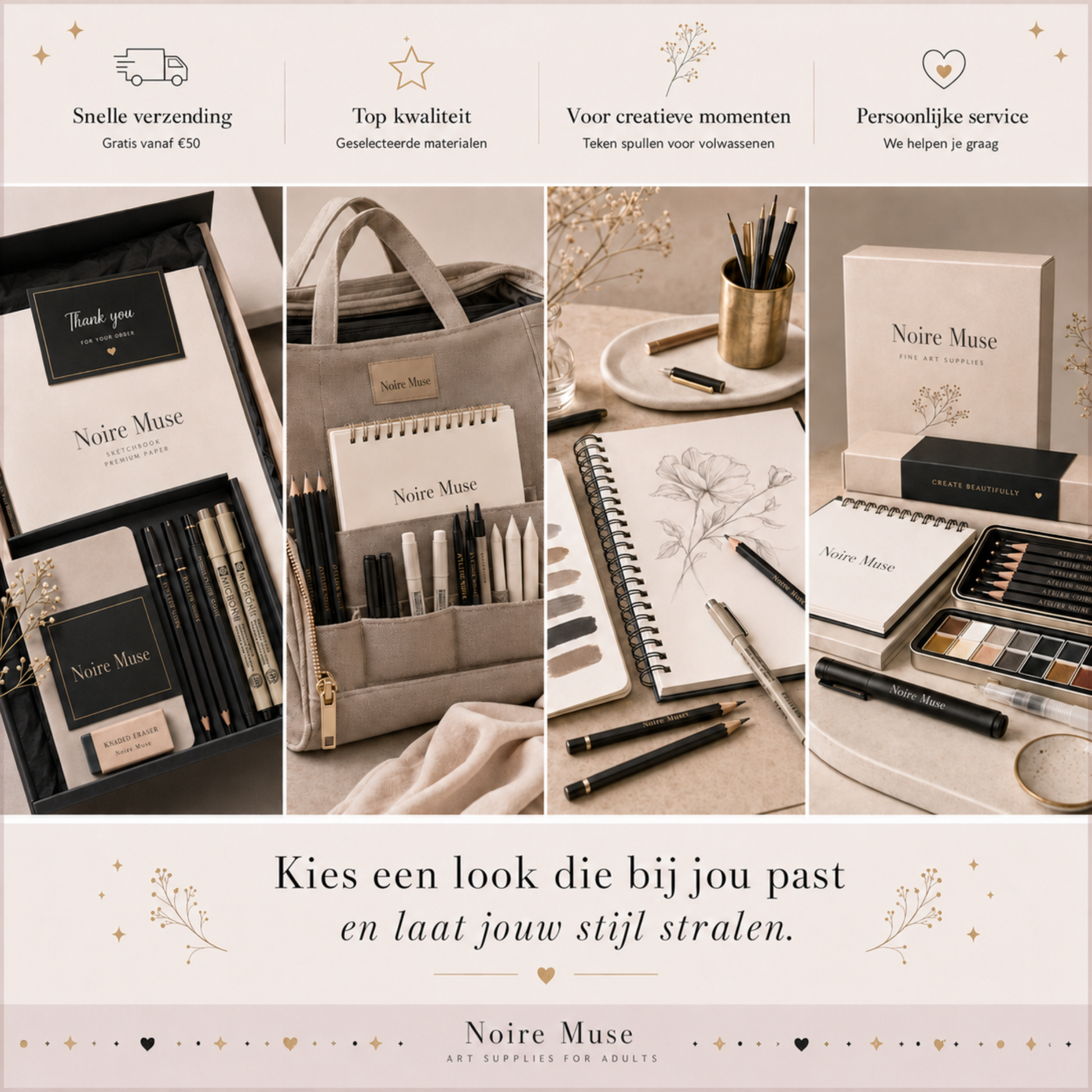 Voorbeeld van de Noir Muse signature look van De Look Online, een luxe en verfijnde kleurbranding upgrade waarmee jouw webshop of website een high-end, professionele en onderscheidende uitstraling krijgt.
