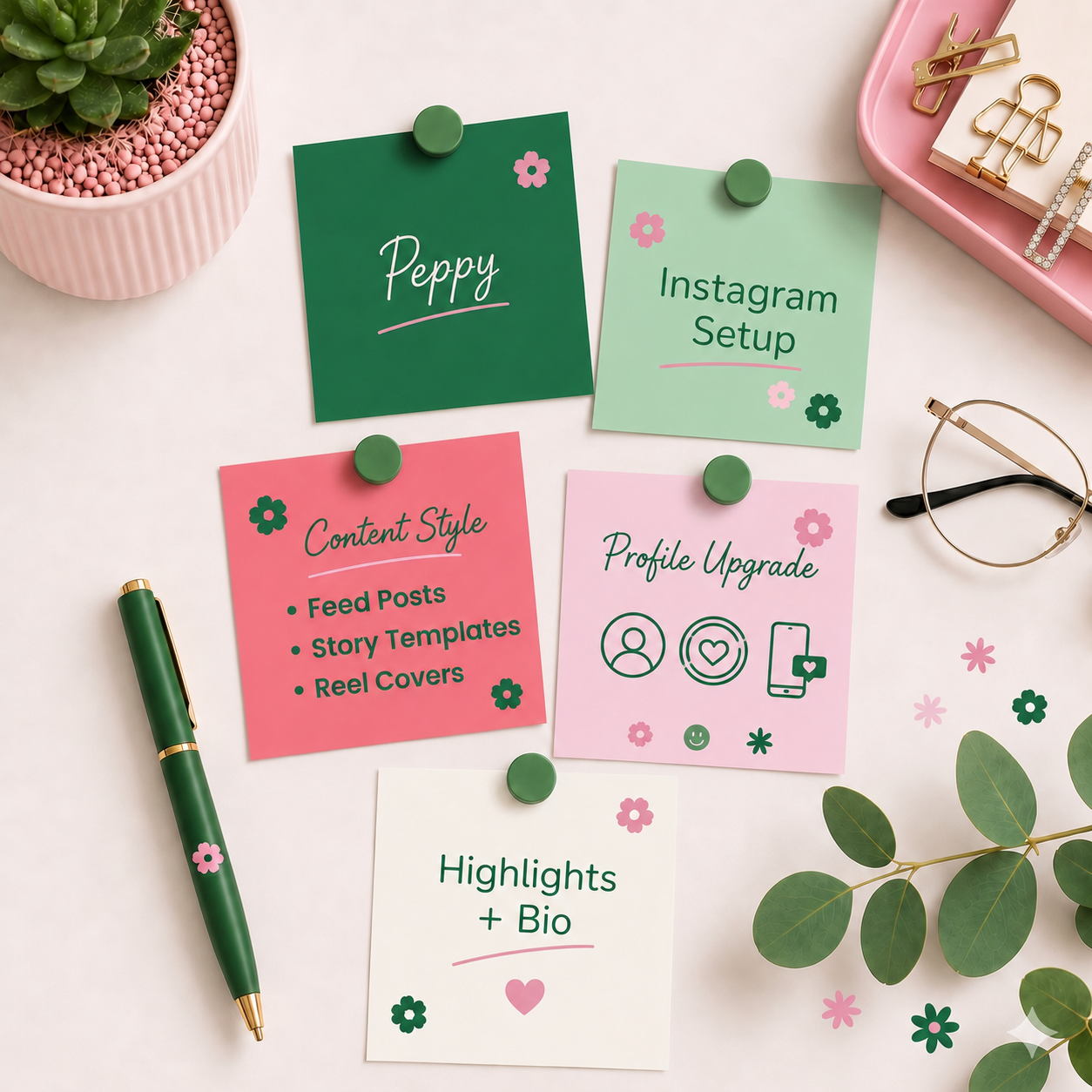 Peppy Instagram upgrade pakket van De Look Online met vrolijke, vrouwelijke en energieke branding voor een herkenbaar Instagram profiel, inclusief bio, highlights, contentstijl en templates.