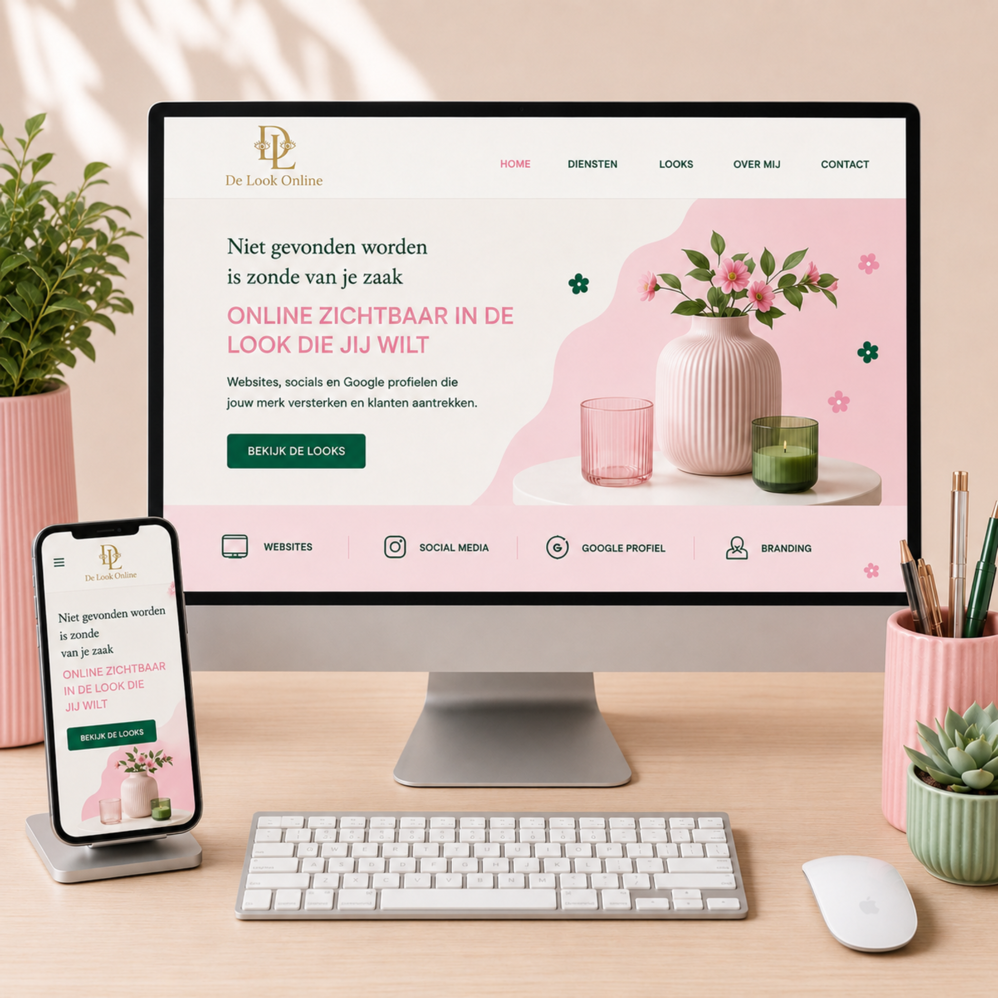De Look Online Peppy Shopify website design op desktop en mobiele telefoon met roze, groen en vrouwelijke branding kleuren.