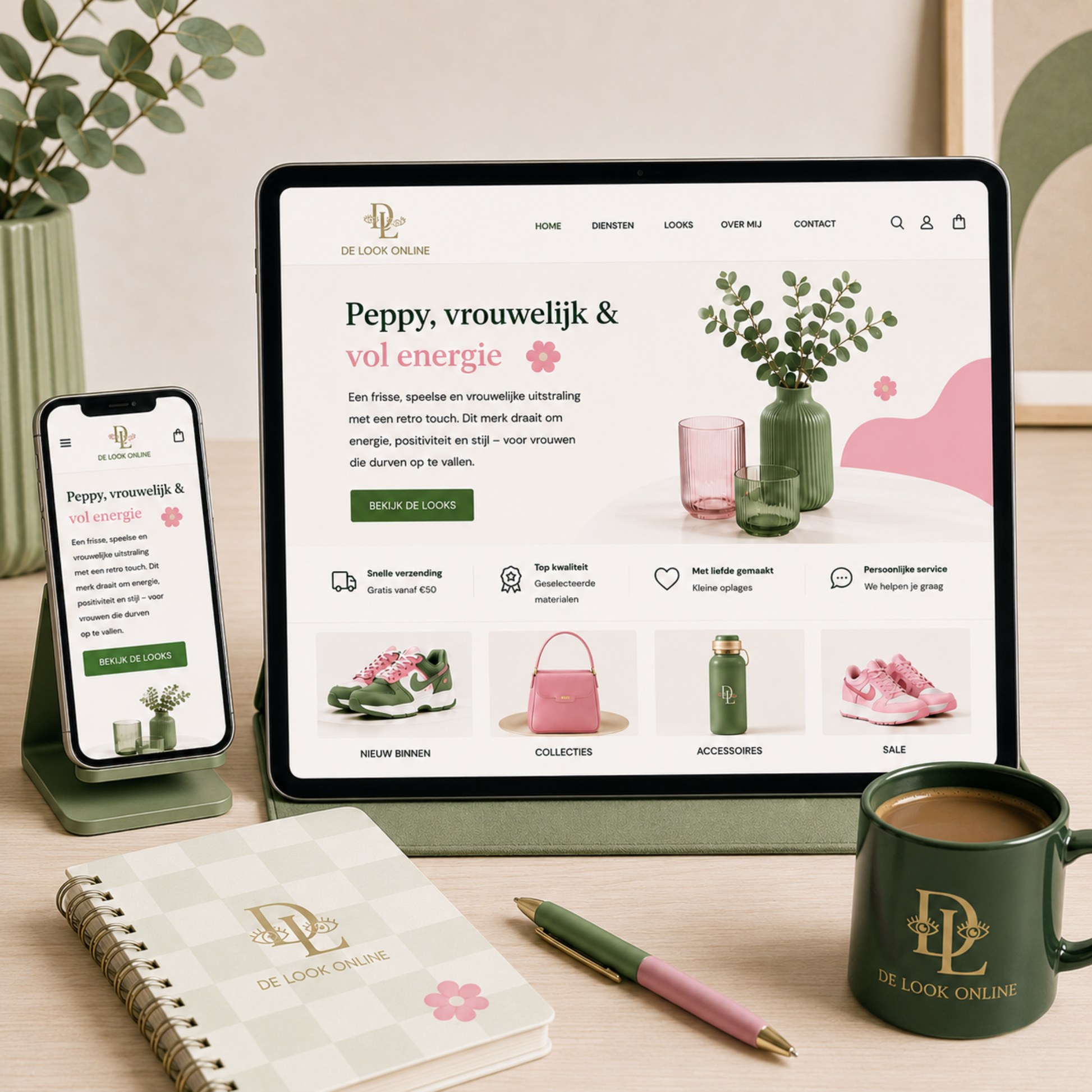 Peppy Website Design Switch van De Look Online met Shopify webshop mockup op tablet en telefoon in roze en groen branding design.
