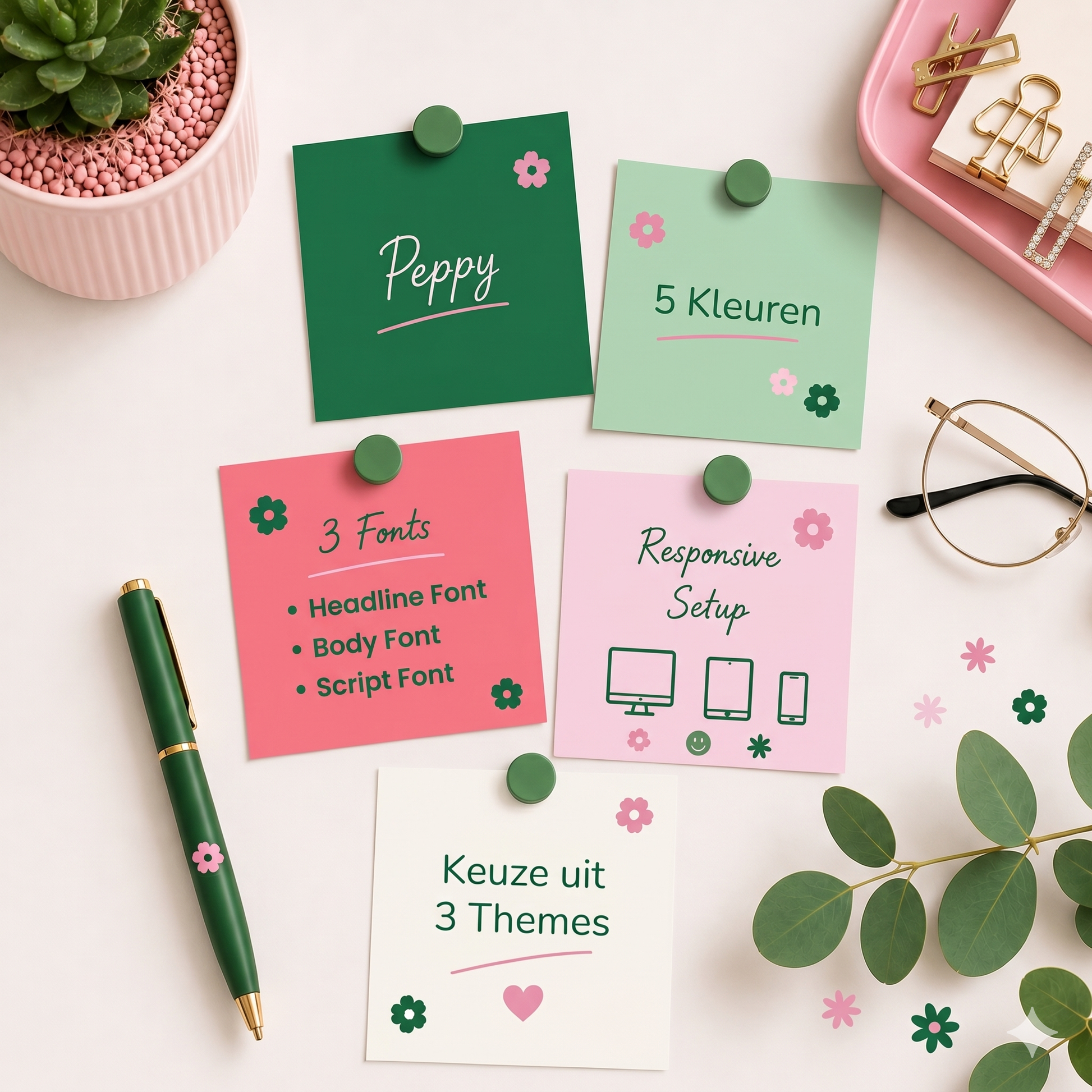Peppy branding kit van De Look Online met vijf kleuren, drie fonts, responsive setup en drie themes in roze en groen.