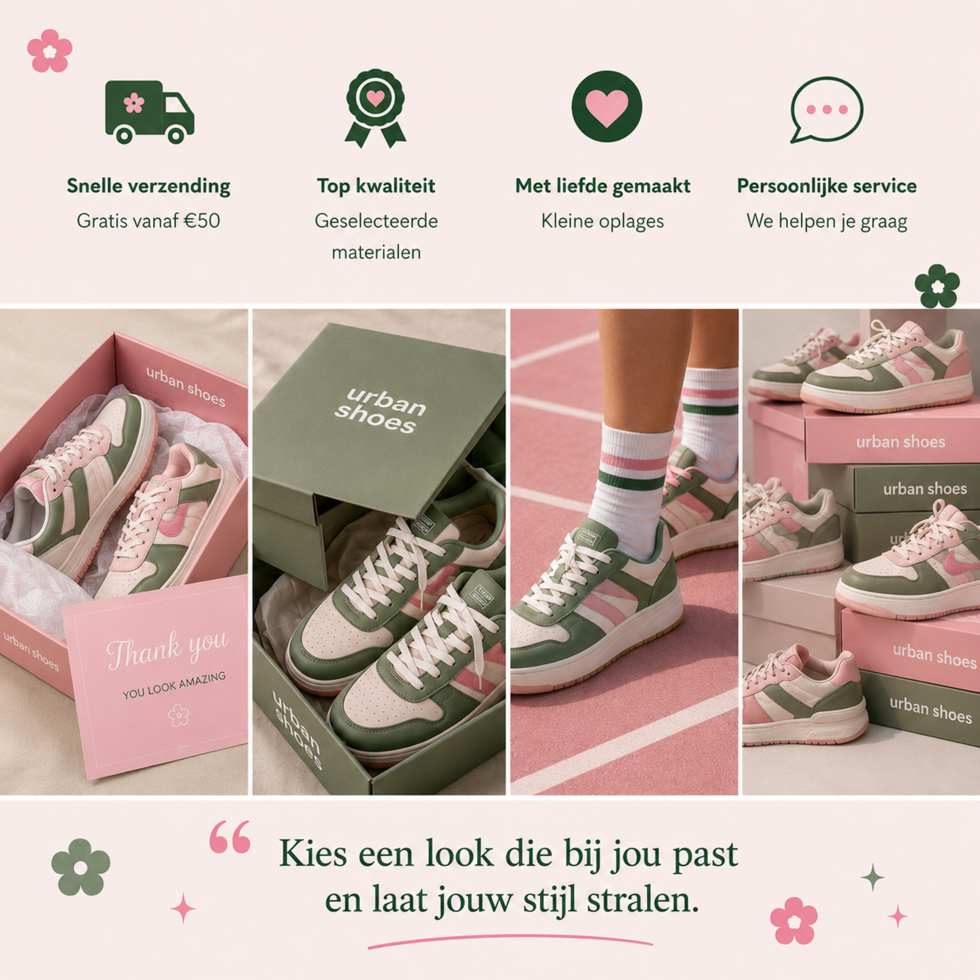 Peppy webshop look van De Look Online met roze en groene urban shoes productfoto’s, service iconen en vrouwelijke branding stijl.