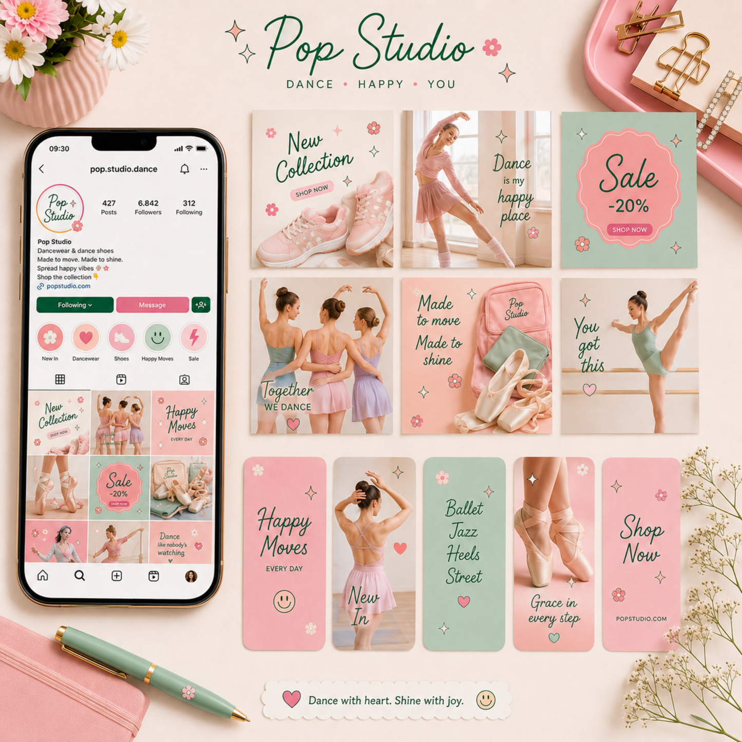  Pop Studio Instagram content basis van De Look Online met feed posts, story templates, reel covers en highlight covers voor een speelse, herkenbare en professioneel ingerichte Instagram uitstraling.
