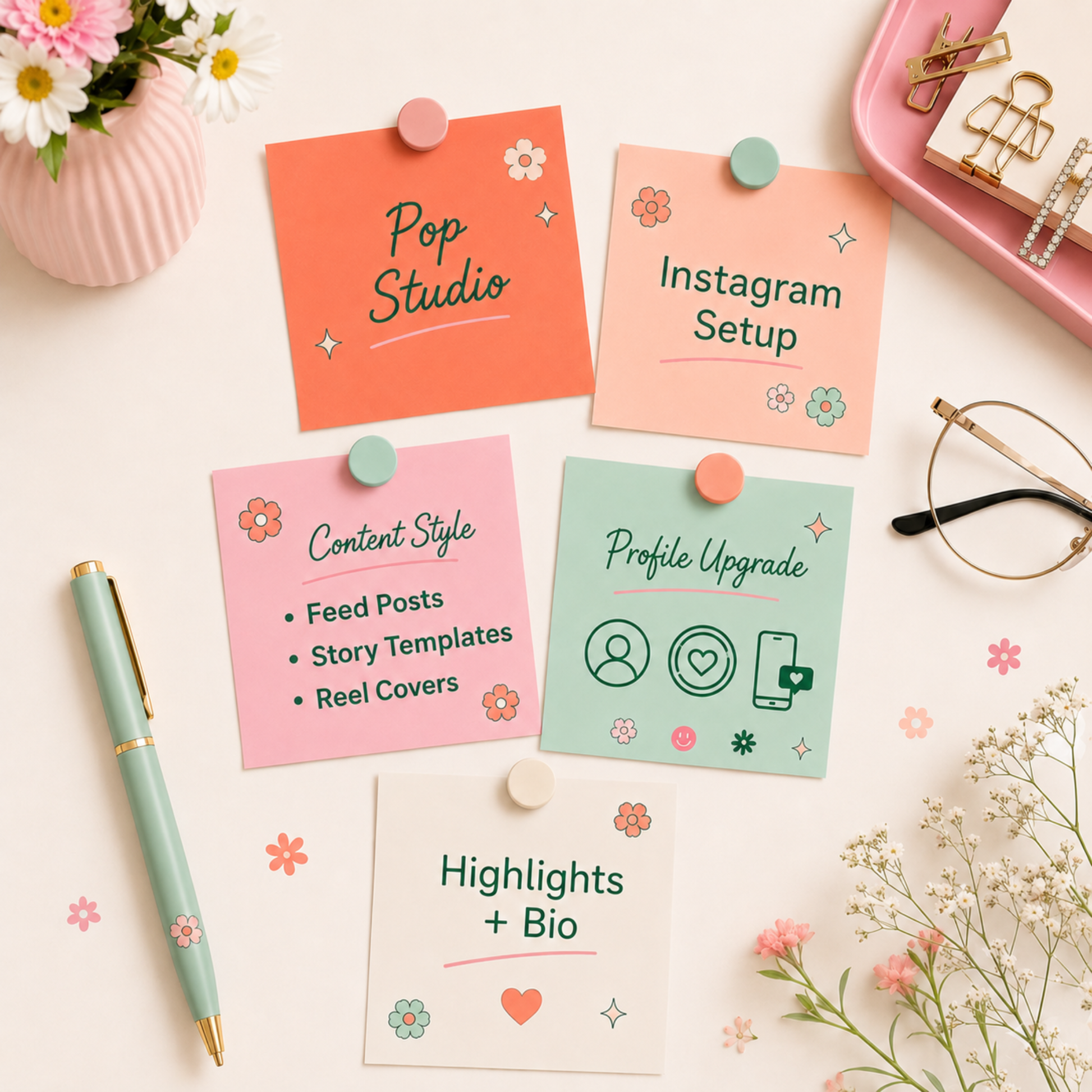 Pop Studio Instagram upgrade pakket van De Look Online met creatieve, kleurrijke en speelse branding voor een herkenbaar Instagram profiel, inclusief bio, highlights, contentstijl en templates.
