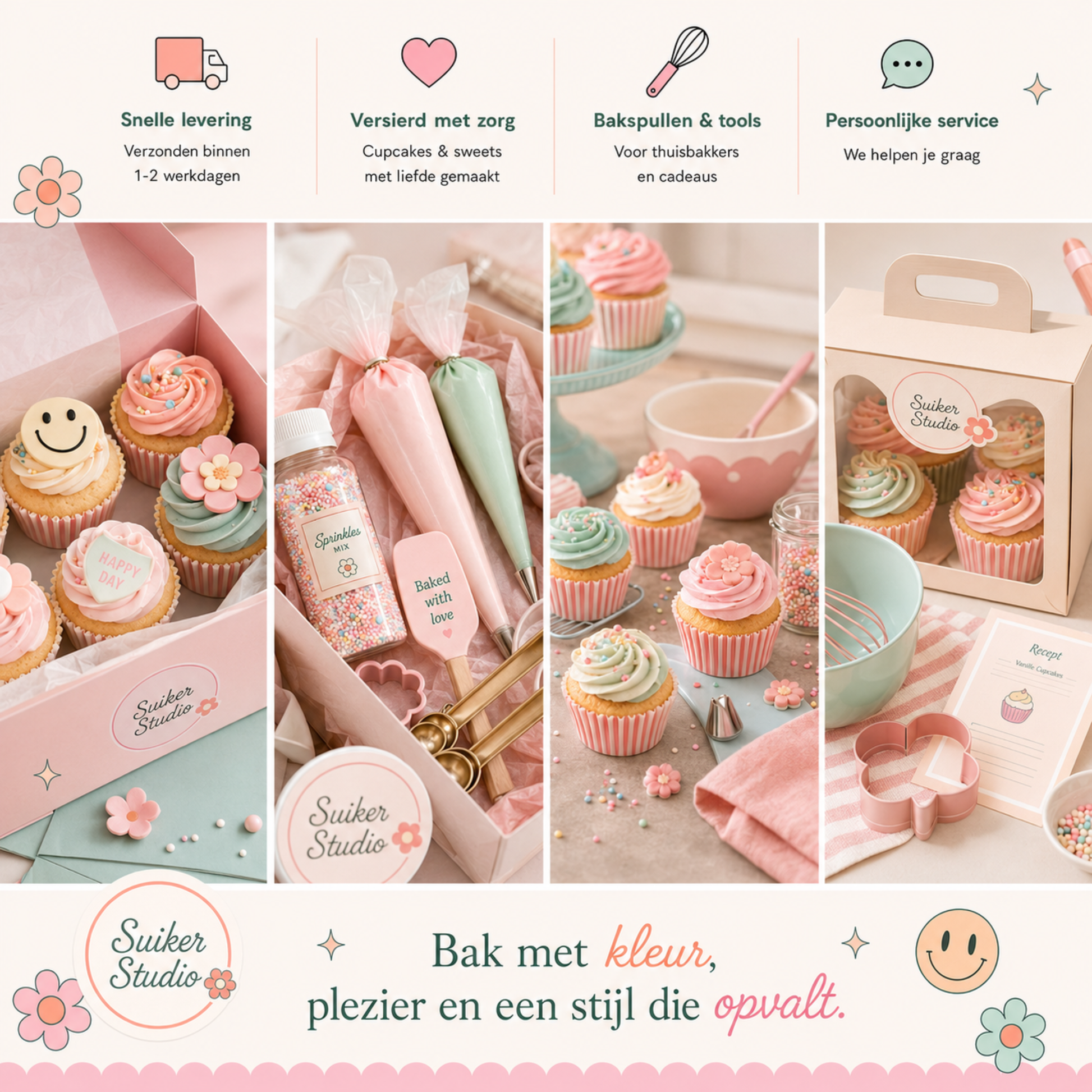 Voorbeeld van de Pop Studio signature look van De Look Online, een vrolijke en speelse kleurbranding upgrade waarmee jouw webshop of website meer persoonlijkheid, kleur en herkenbaarheid krijgt.