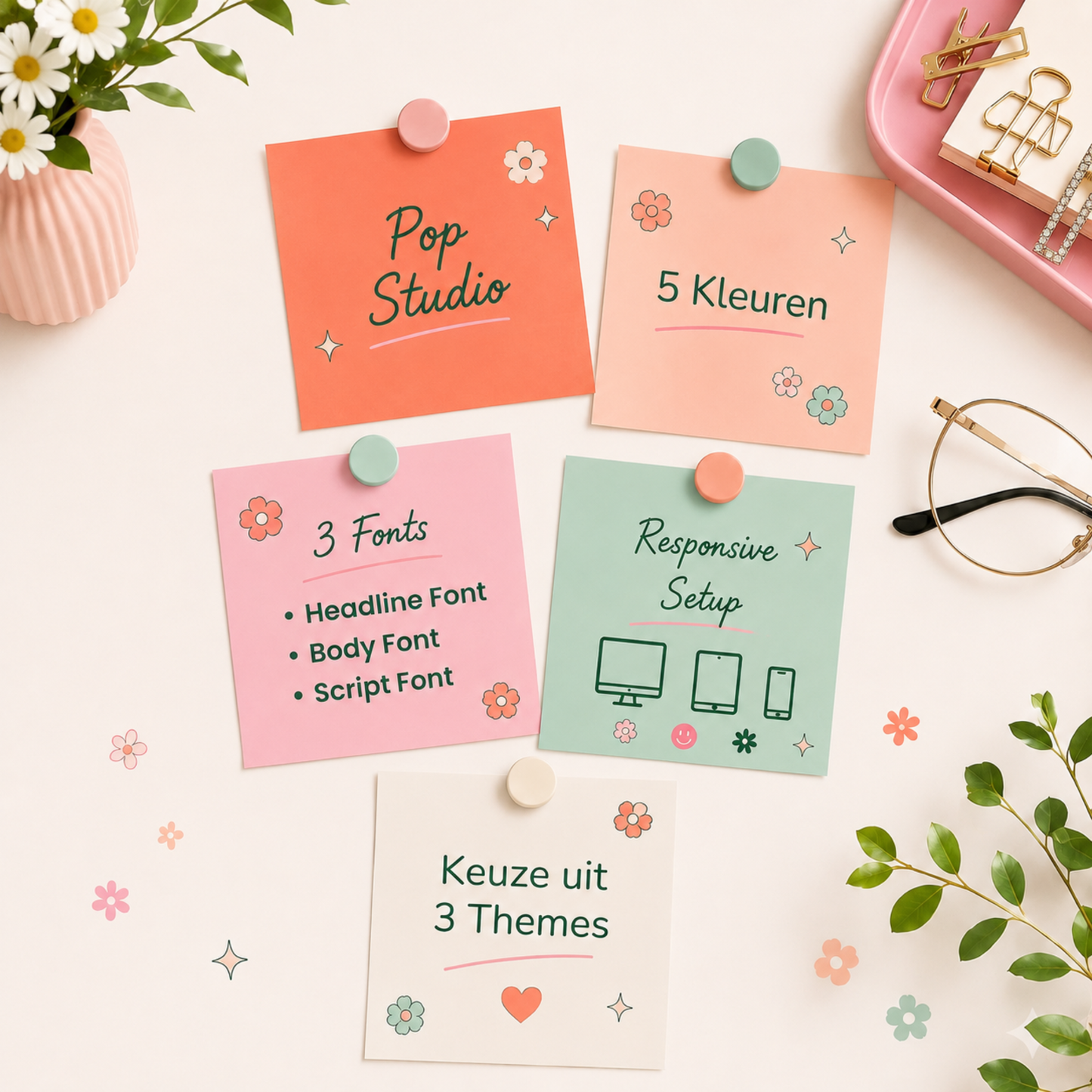Pop Studio branding kit van De Look Online met vijf kleuren, drie fonts, responsive setup en keuze uit drie themes in een speels pastel kleurenpalet.