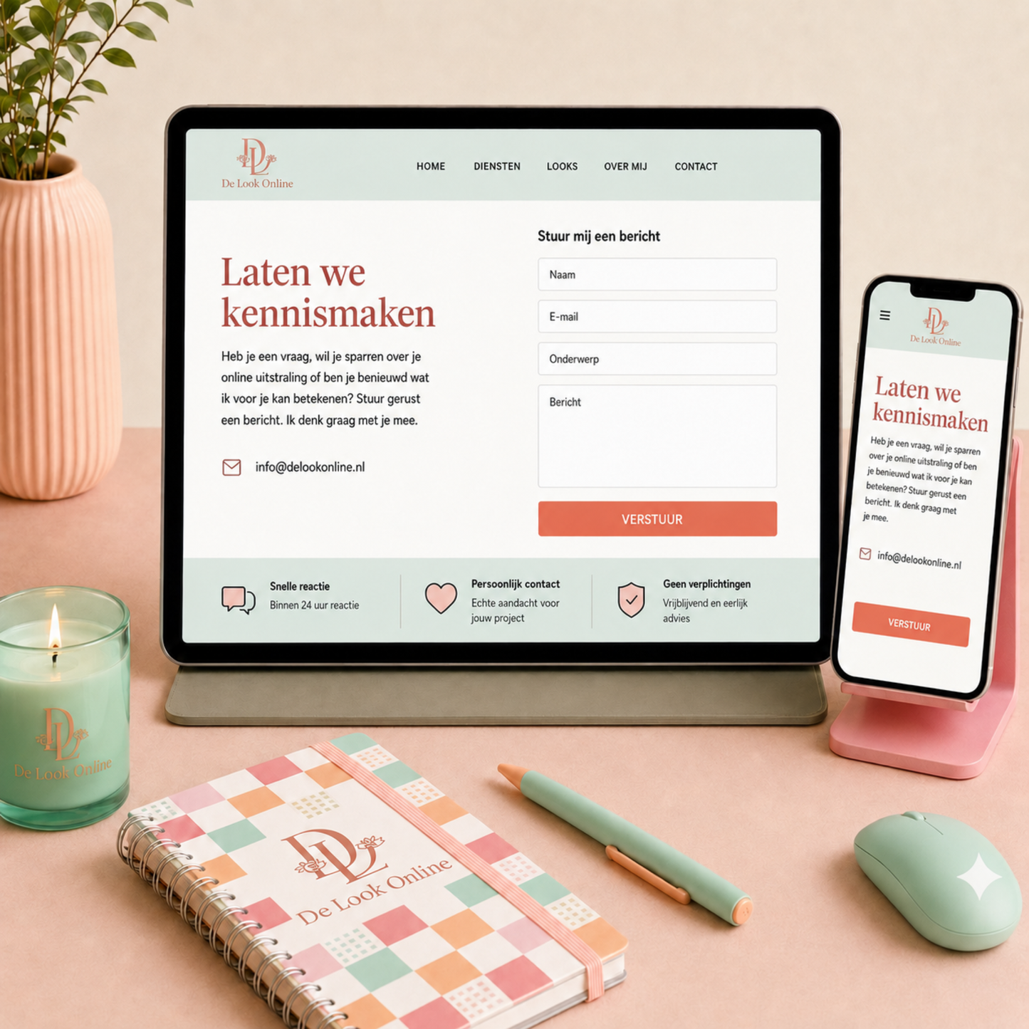 Pop Studio contactpagina van De Look Online op tablet en telefoon met helder contactformulier, zachte pastelkleuren en een rustige informatieve website uitstraling.