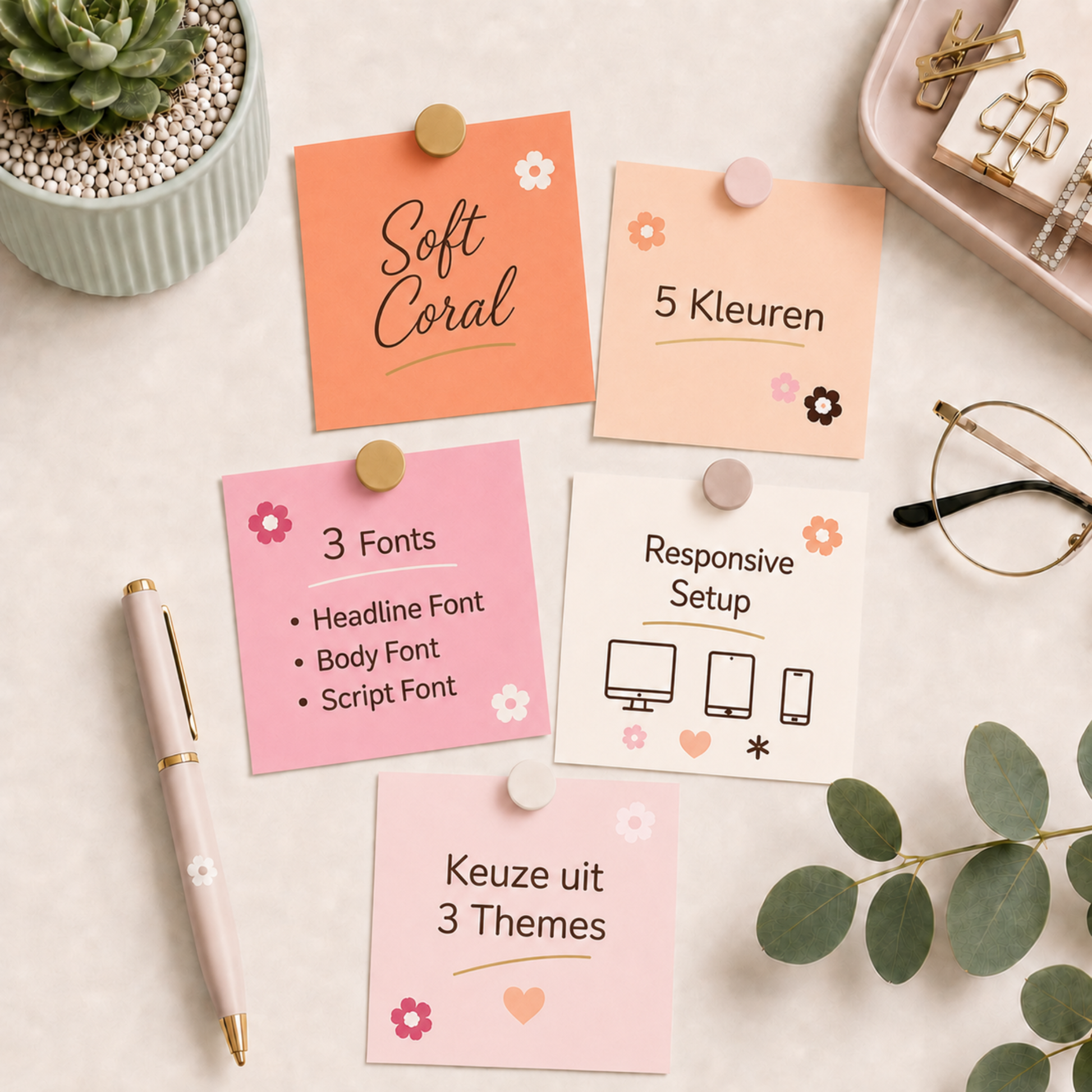 Soft Coral branding pakket van De Look Online voor Shopify webshops in Nederland, met zacht koraal kleurenpalet, 3 fonts, responsive setup en keuze uit 3 Shopify themes.