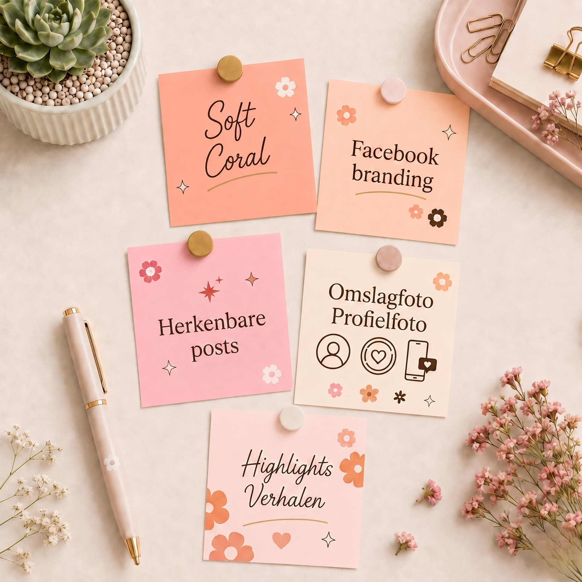 Soft Coral Facebook branding setup van De Look Online met stijlvolle pastel flatlay, visuele Facebook branding, omslagfoto, profielfoto, highlights, verhalen en herkenbare posts voor ondernemers die hun zakelijke Facebook pagina professioneel en consistent willen laten vormgeven.