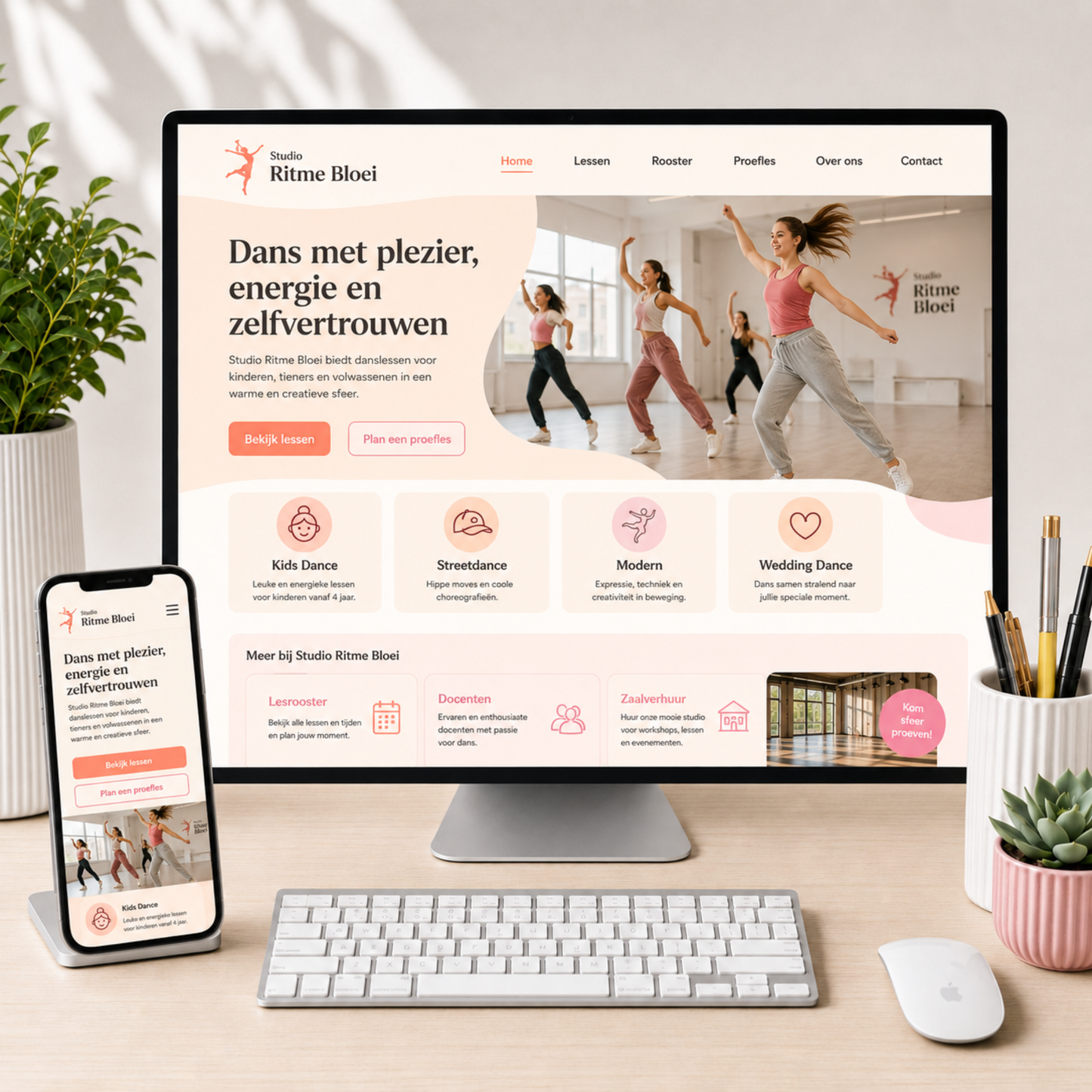 Soft Coral kleurbranding upgrade van De Look Online voor een website of Shopify shop, met zachte koraal, perzik en roze tinten in een responsive website ontwerp voor een dansstudio.