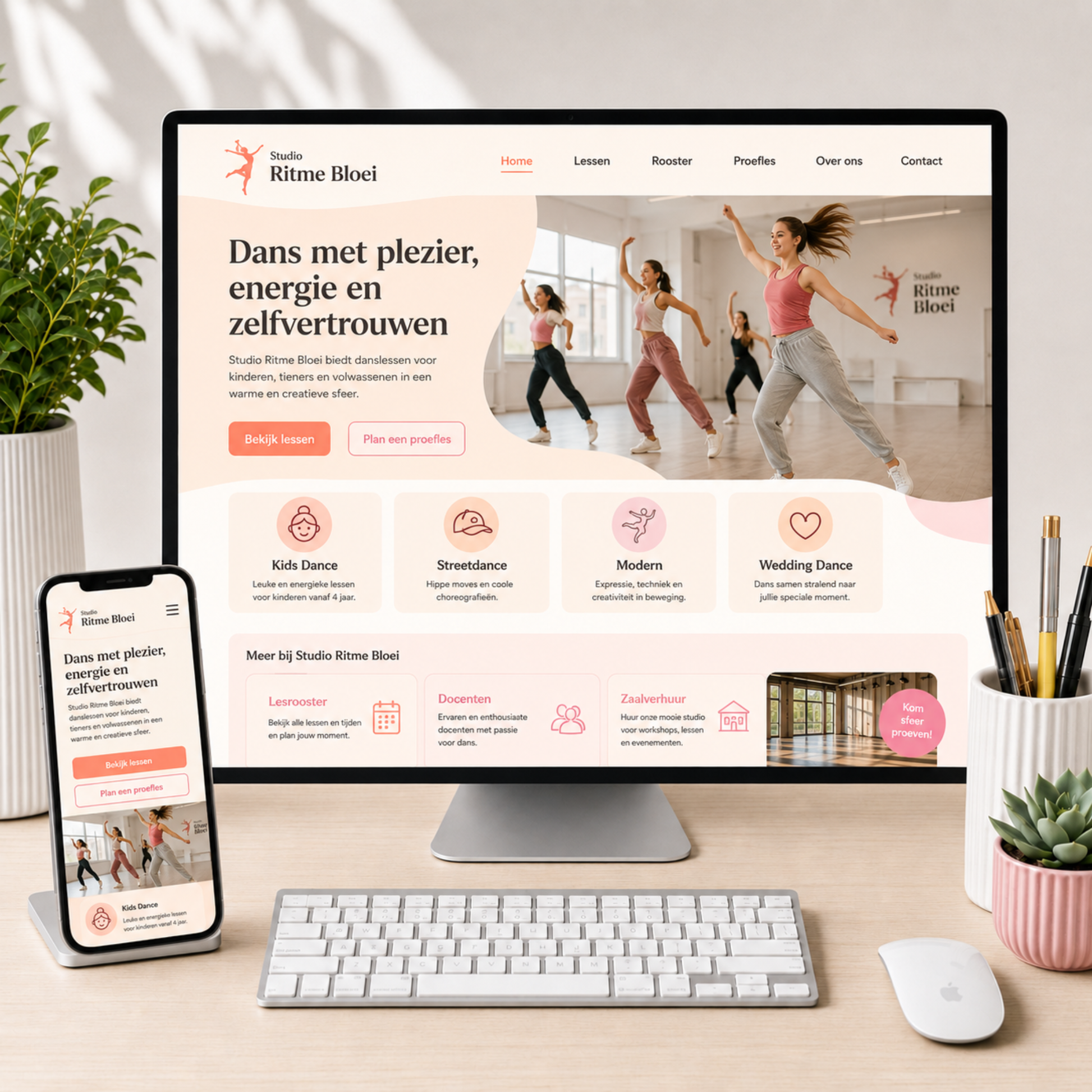 Soft Coral kleurbranding upgrade van De Look Online voor een website of Shopify shop, met zachte koraal, perzik en roze tinten in een responsive website ontwerp voor een dansstudio.