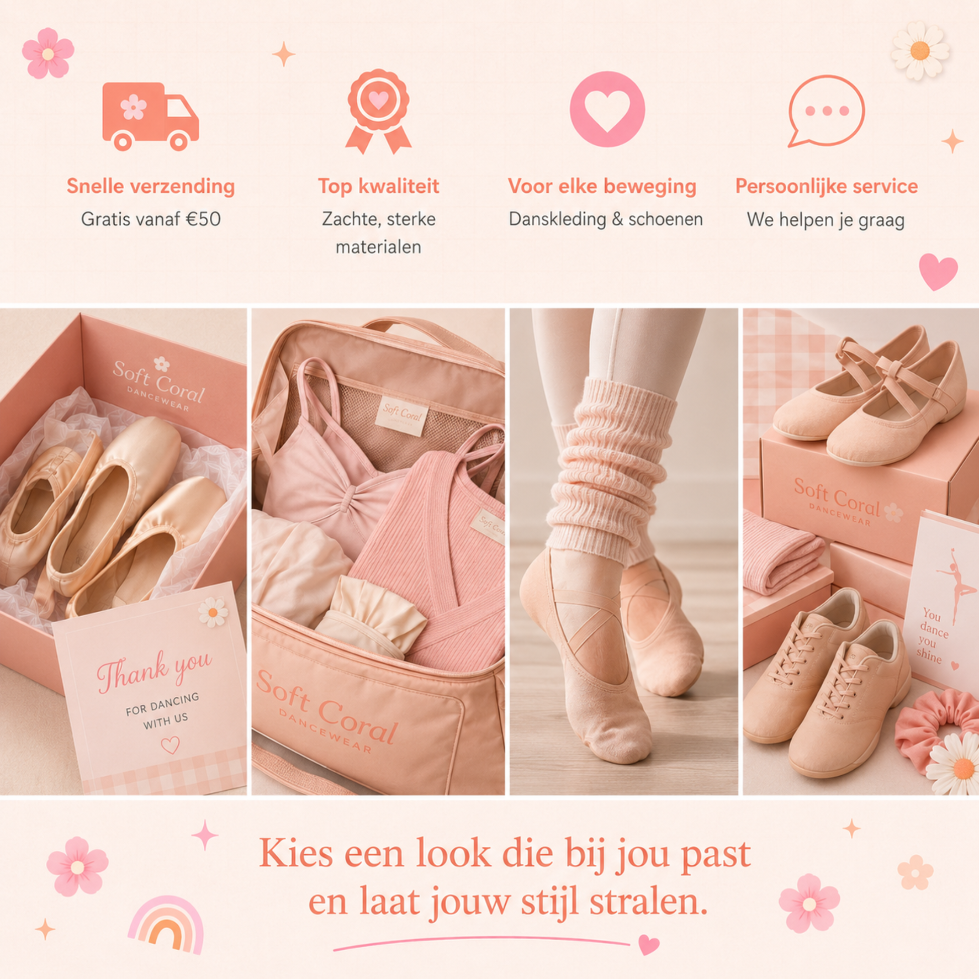 Voorbeeld van de Soft Coral signature look van De Look Online, een zachte en creatieve kleurbranding upgrade waarmee jouw webshop of website warmer, herkenbaarder en professioneler overkomt.