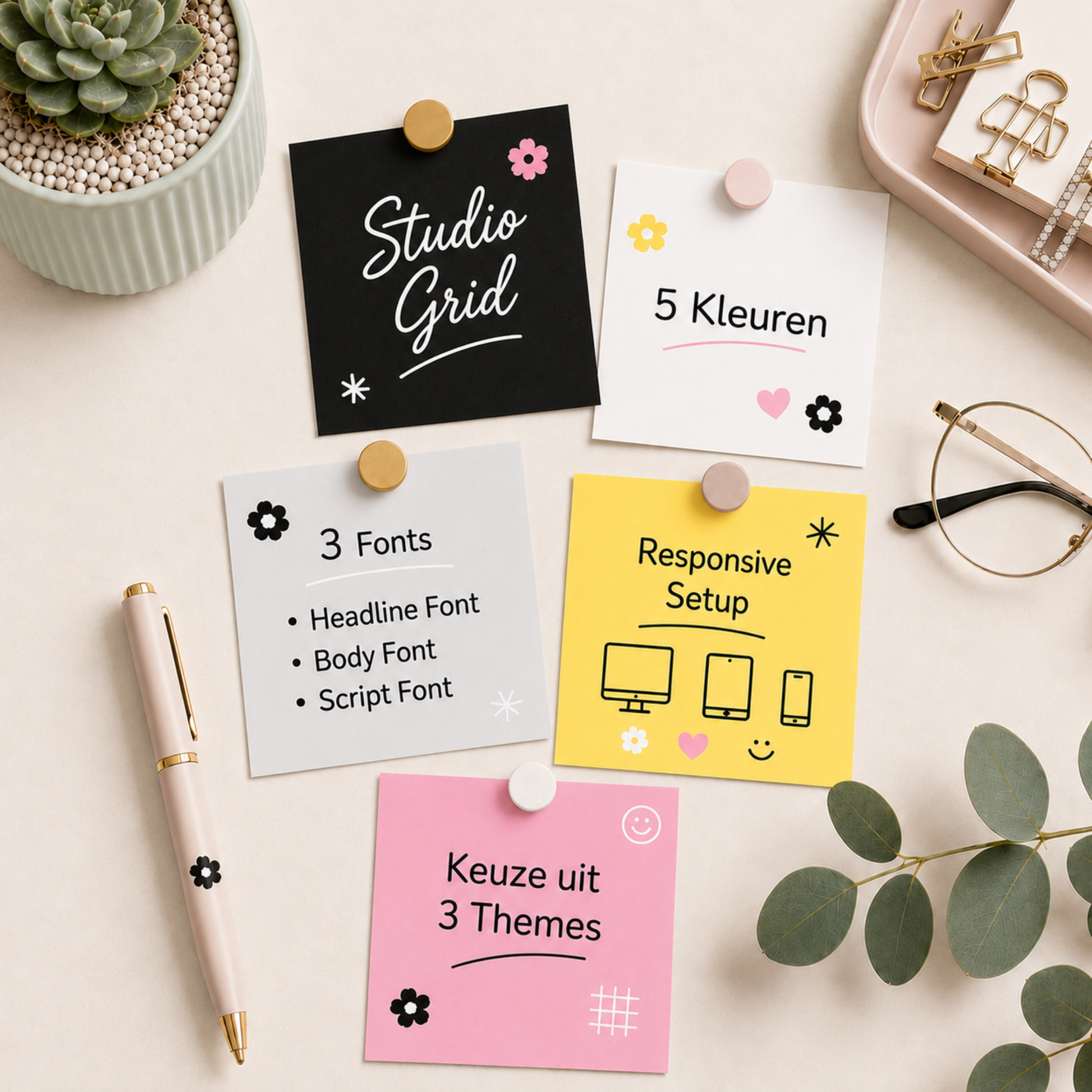 Studio Grid branding pakket van De Look Online voor Shopify webshops in Nederland, met zwart-wit kleurenpalet, roze en gele accenten, 3 fonts, responsive setup en keuze uit 3 Shopify themes.