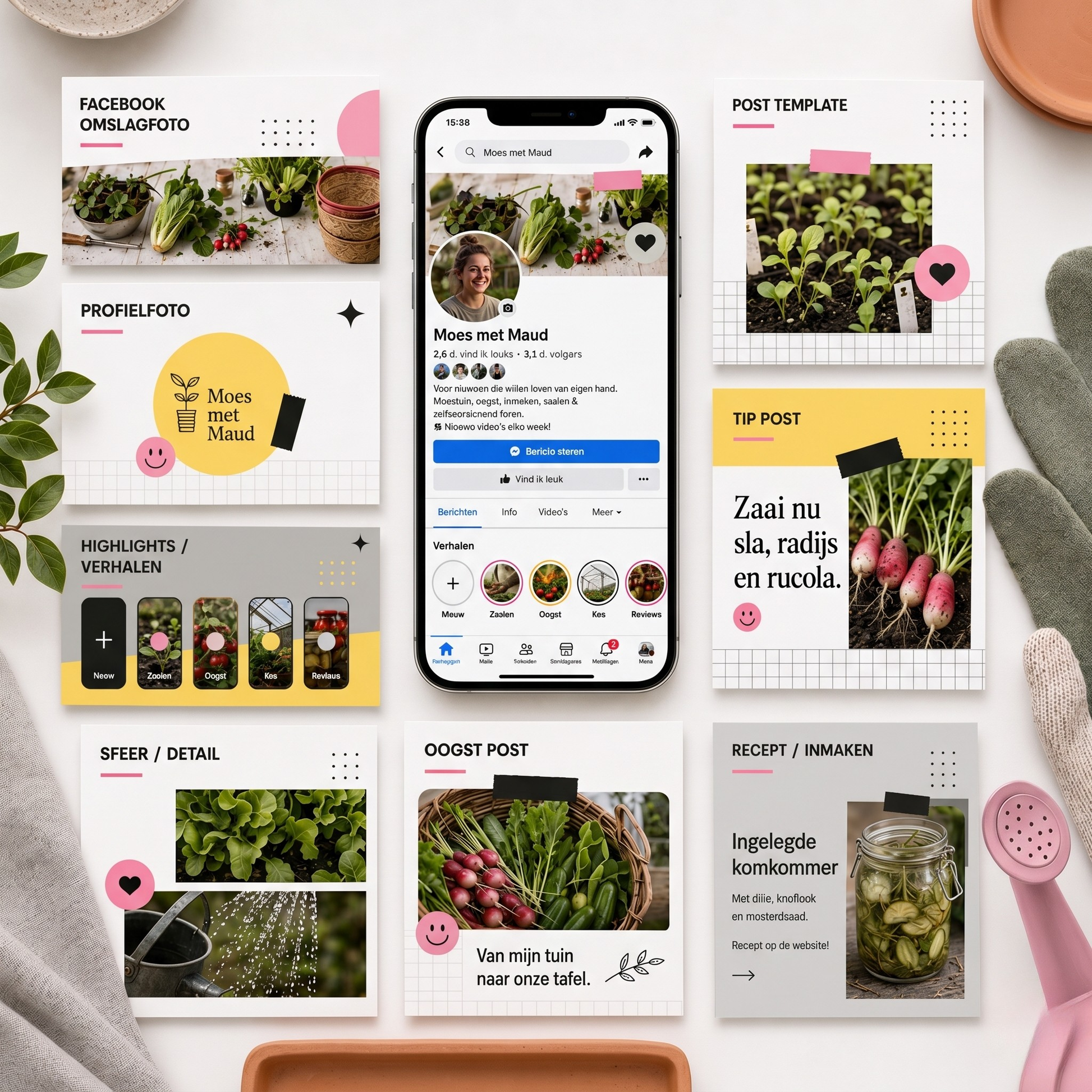 Studio Grid Facebook branding pakket van De Look Online voor ondernemers in Nederland die hun zakelijke Facebook pagina professioneler willen maken. De afbeelding toont een mobiele Facebook pagina met omslagfoto, profielfoto, herkenbare posts, highlights, verhalen en post templates in de Studio Grid signature look.