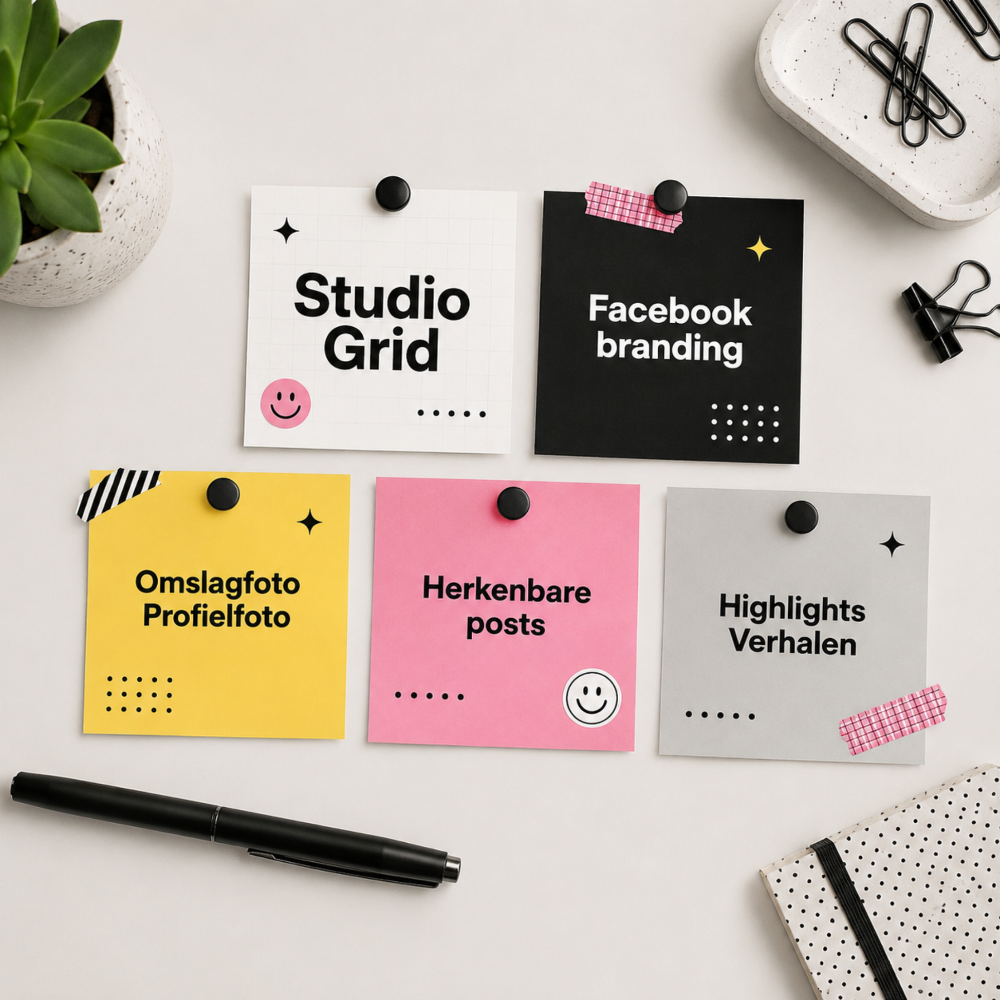 Studio Grid Facebook branding set van De Look Online voor zakelijke Facebook pagina’s, met grafische zwart-wit branding, sticky notes en visuele elementen voor omslagfoto, profielfoto, herkenbare posts en highlights.