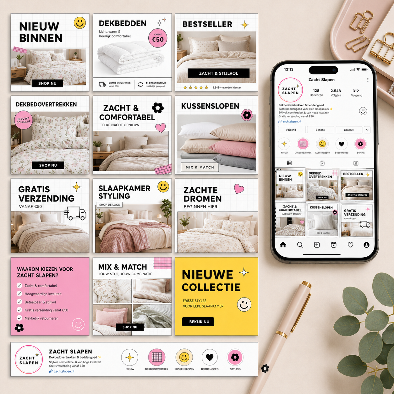  Studio Grid Instagram content basis van De Look Online met feed posts, story templates, reel covers en highlight covers voor een opvallende, gestructureerde en professioneel ingerichte Instagram uitstraling.
