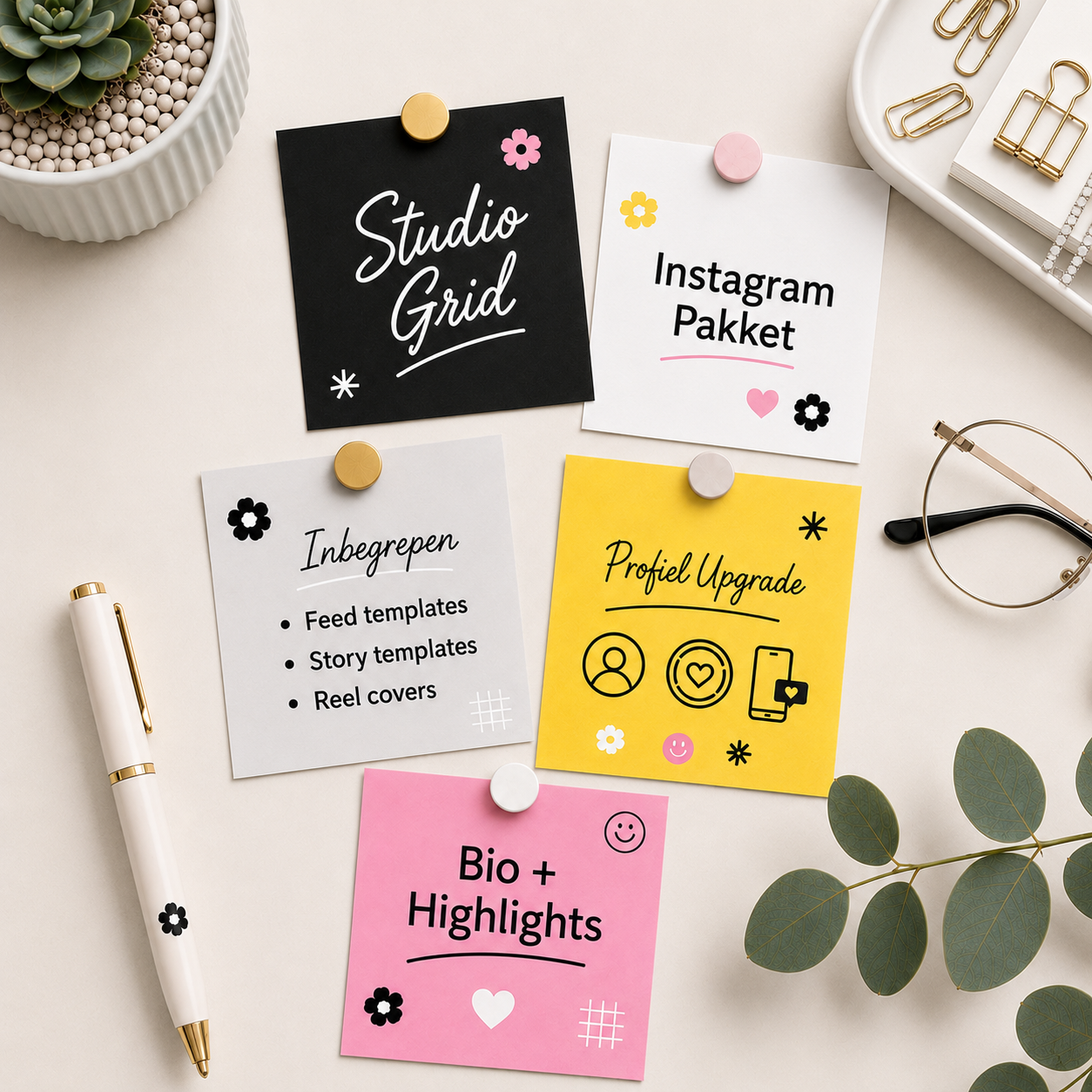 Studio Grid Instagram upgrade pakket van De Look Online met grafische zwart-wit branding, grid details en opvallende accenten voor een herkenbaar Instagram profiel met bio, highlights, contentstijl en templates.
