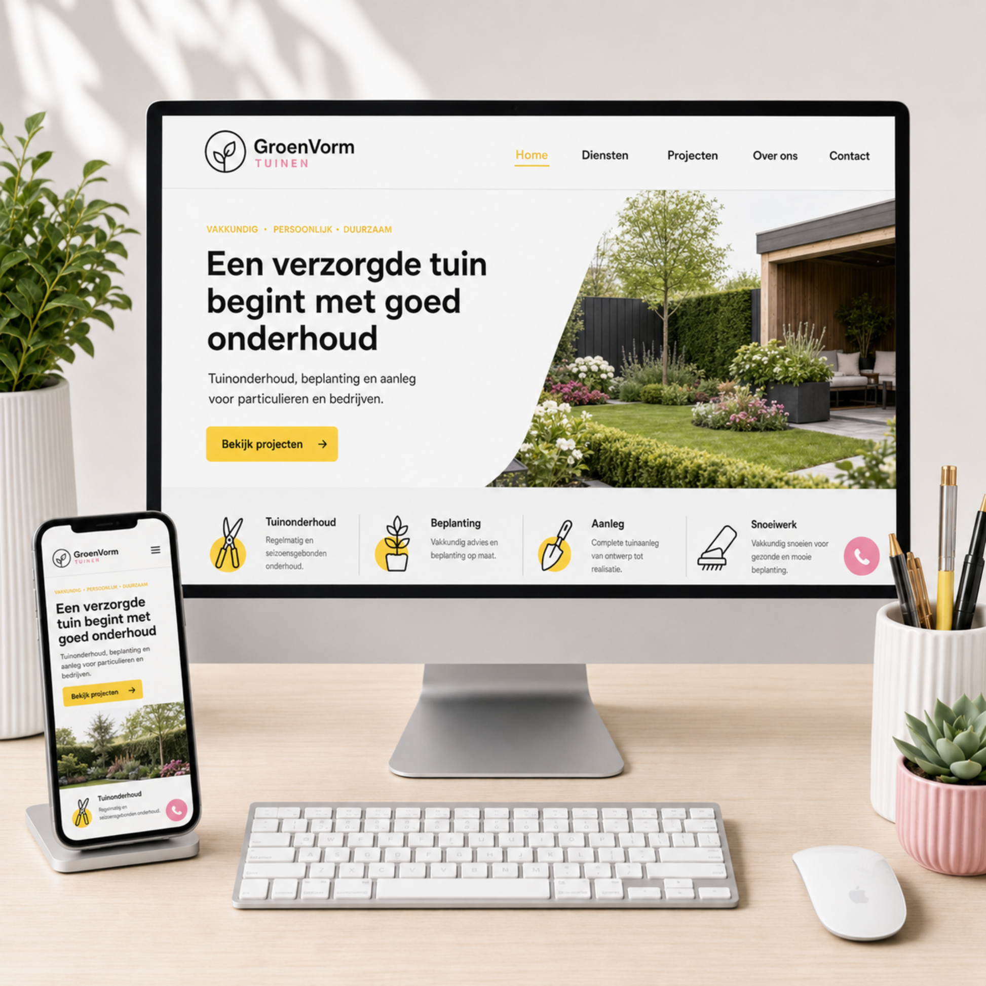 Studio Grid kleurbranding upgrade van De Look Online voor een website of Shopify shop, met zwart-wit basis, grid grey, geel en roze accenten in een responsive website ontwerp voor een hovenier.