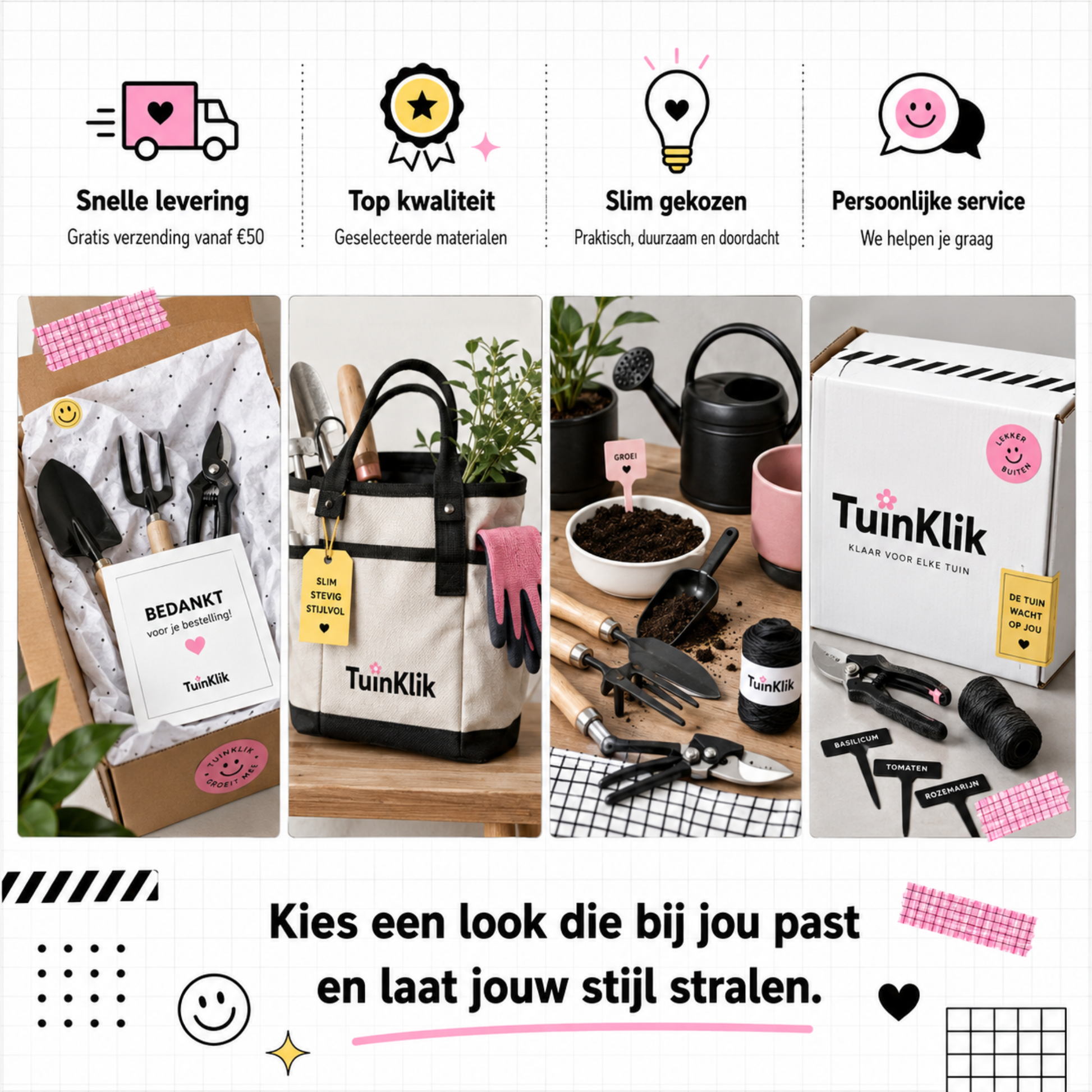 Voorbeeld van een tuingereedschap shop in de Studio Grid signature look van De Look Online, met zwart-wit branding, grid patroon, gele en roze accenten en een opvallende webshopstijl voor ondernemers in Nederland.