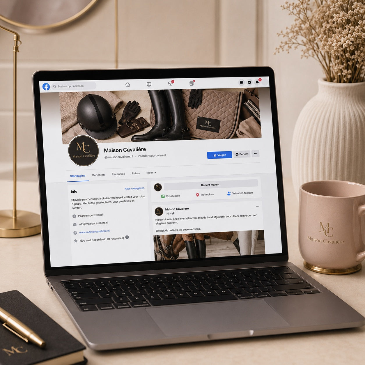 Voorbeeld van een zakelijke Facebook pagina in de Noir Muse Signature Look van De Look Online, met luxe kleuren, stijlvolle omslagfoto en verfijnde branding op desktop.
