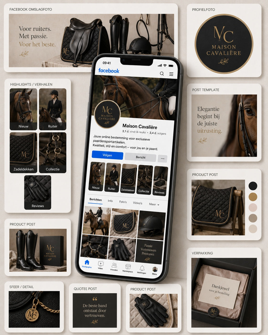  Noir Muse Facebook branding overzicht van De Look Online met mobiele Facebook pagina, omslagfoto, profielfoto, highlights, verhalen en post templates voor een luxe en herkenbare online uitstraling.
