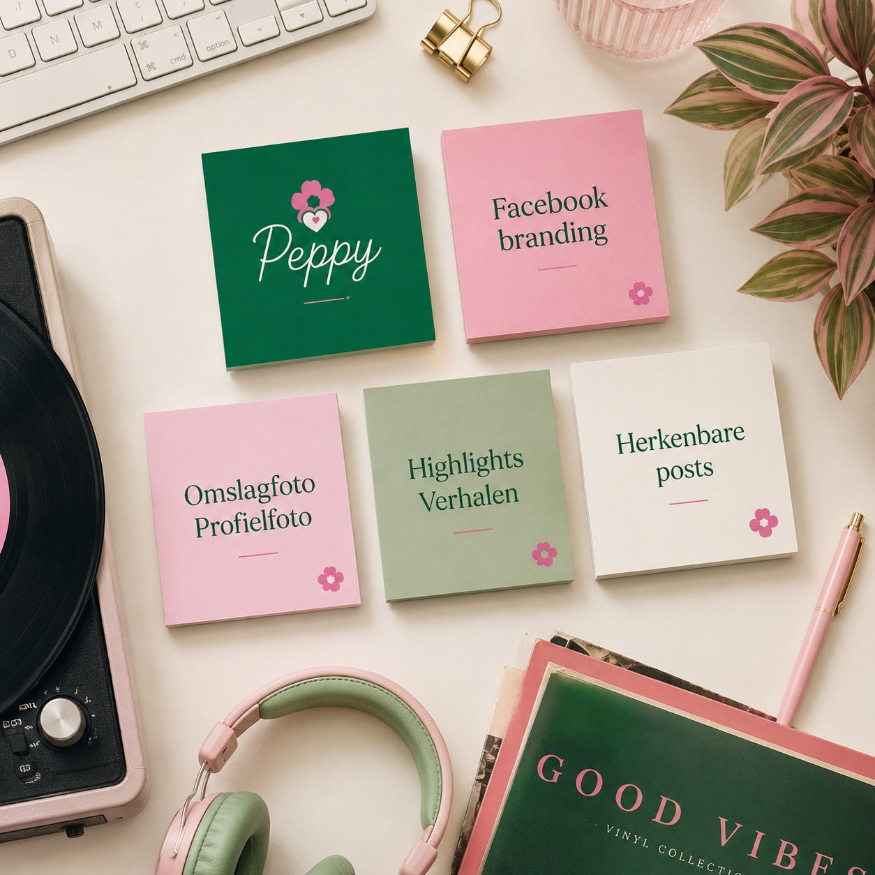  Peppy Facebook branding pakket van De Look Online met overzicht van omslagfoto, profielfoto, highlights, verhalen en herkenbare posts voor een frisse, energieke en professionele zakelijke Facebook pagina.
