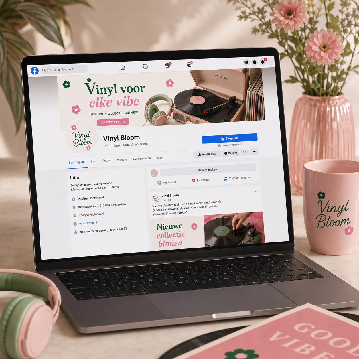 Voorbeeld van een zakelijke Facebook pagina in de Peppy Signature Look van De Look Online, met frisse kleuren, herkenbare branding en een energieke uitstraling op desktop.