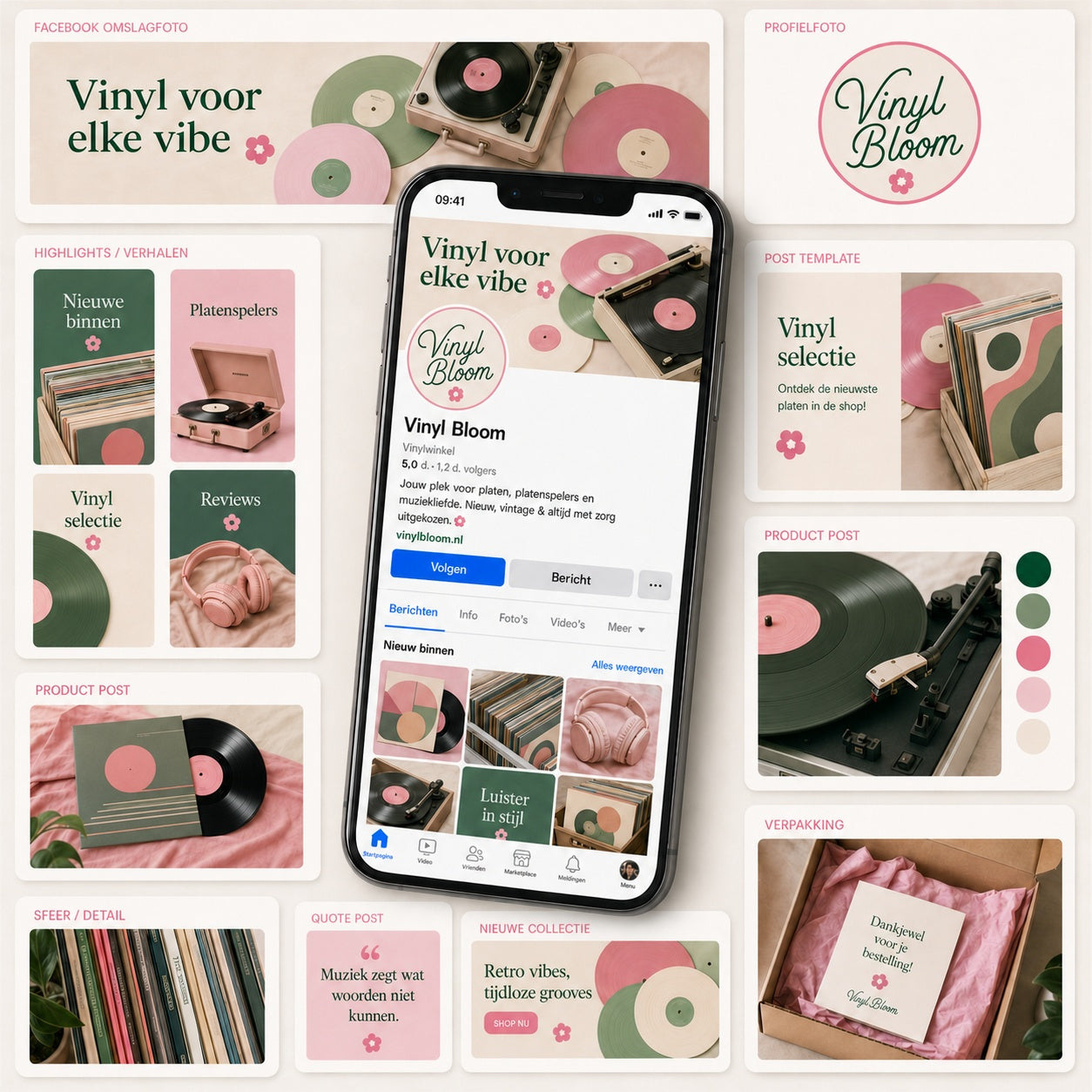 Peppy Facebook branding overzicht van De Look Online met mobiele Facebook pagina, omslagfoto, profielfoto, highlights, verhalen en post templates voor herkenbare online zichtbaarheid.

