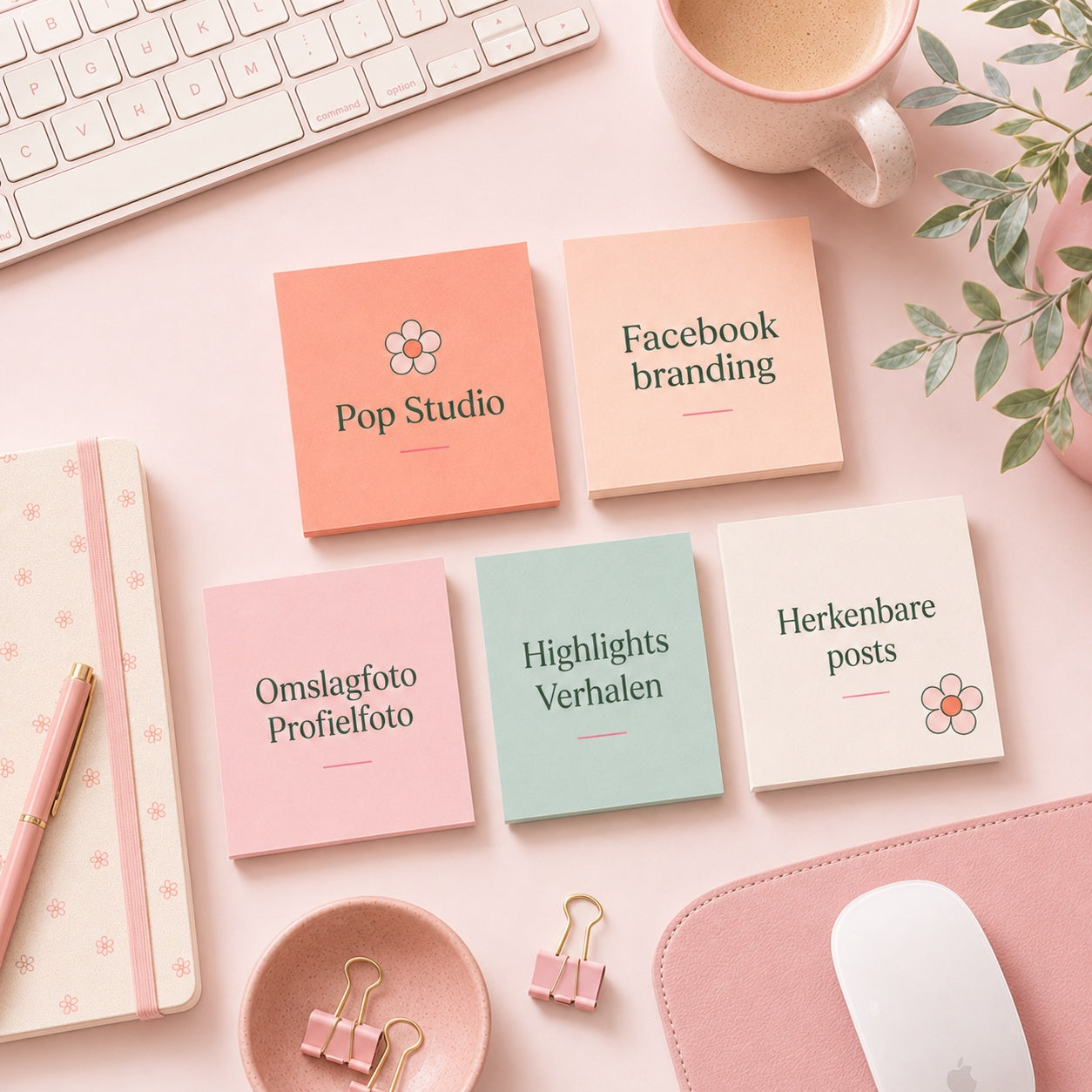  Pop Studio Facebook branding pakket van De Look Online met overzicht van omslagfoto, profielfoto, highlights, verhalen en herkenbare posts voor een vrolijke, creatieve en opvallende zakelijke Facebook pagina.
