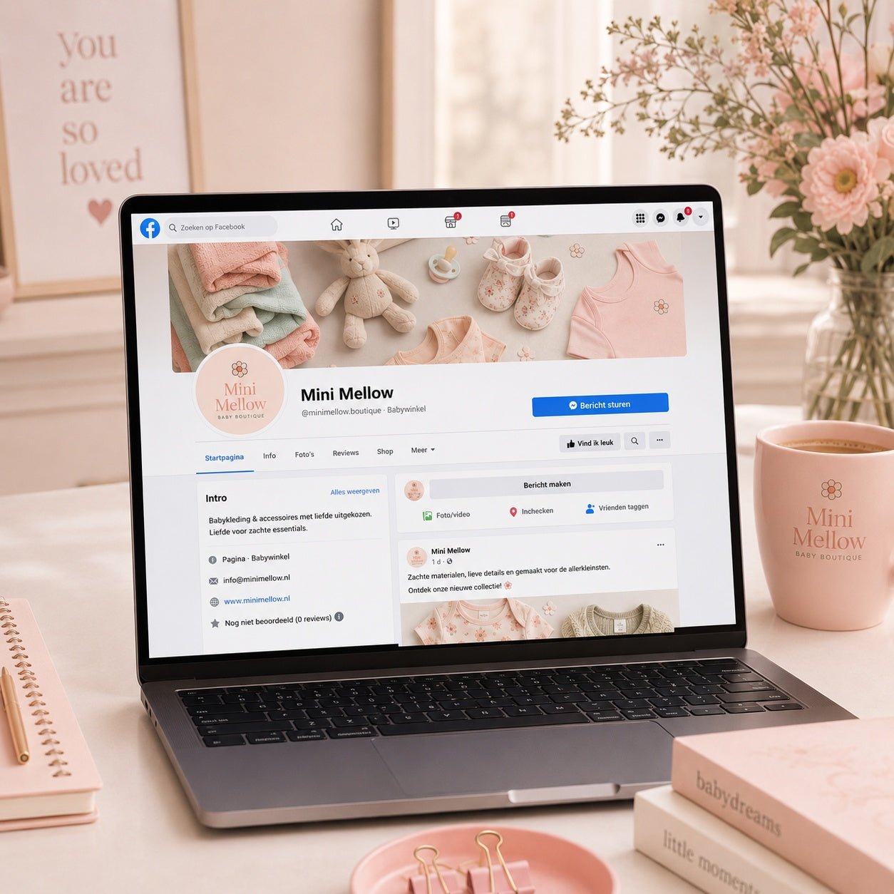 Voorbeeld van een zakelijke Facebook pagina in de Pop Studio Signature Look van De Look Online, met speelse kleuren, herkenbare omslagfoto en creatieve branding op desktop.
