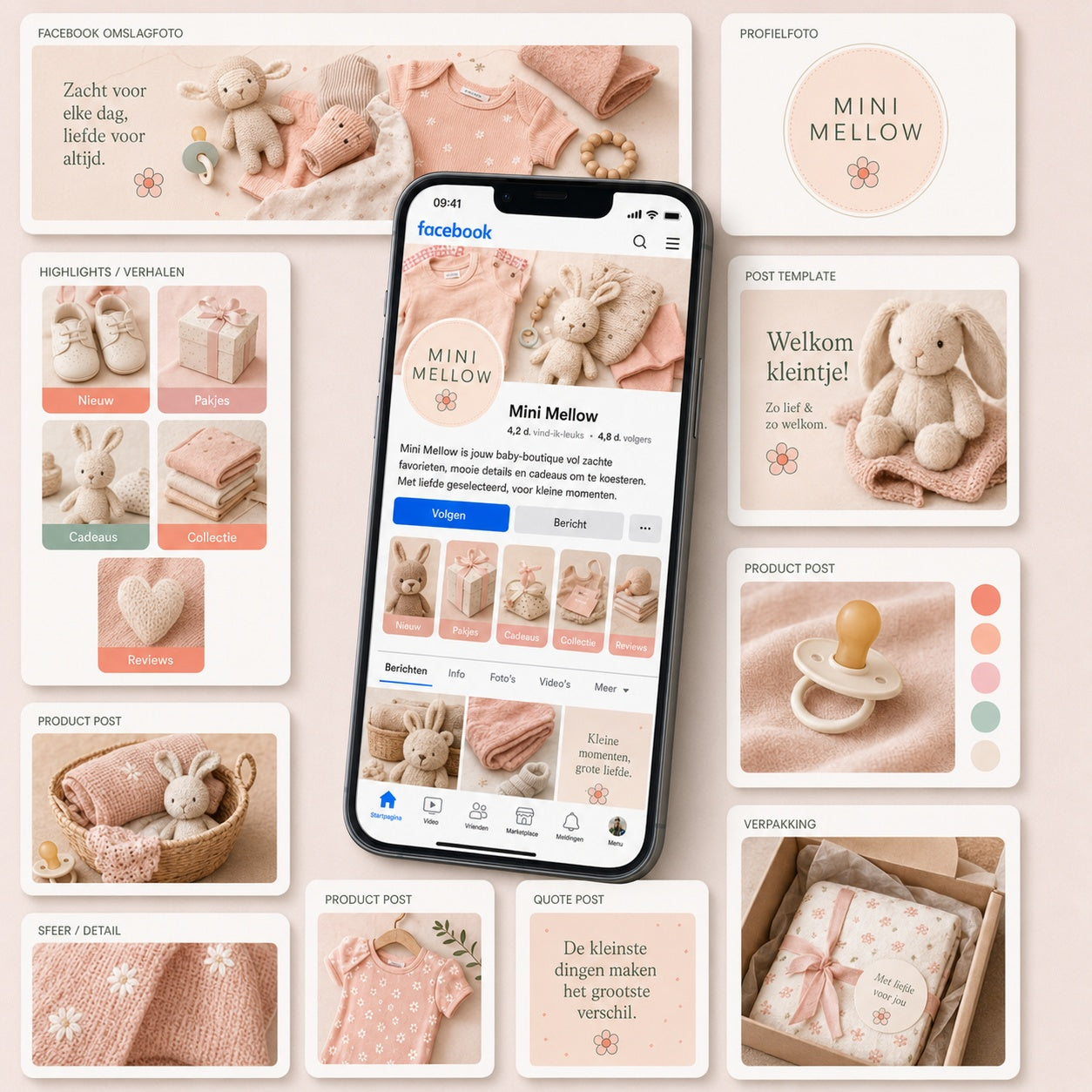  Pop Studio Facebook branding overzicht van De Look Online met mobiele Facebook pagina, omslagfoto, profielfoto, highlights, verhalen en post templates voor een speelse en consistente online uitstraling.
